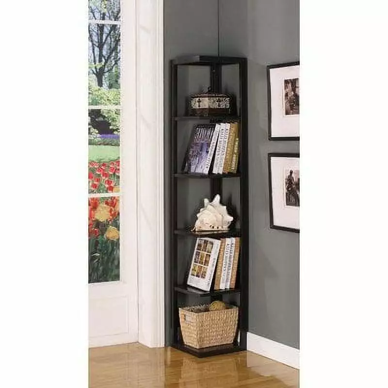 Room Furniture Designs 5-Tier Corner Transitional Wood Bookcase Walnut Living Room InRoom Designs