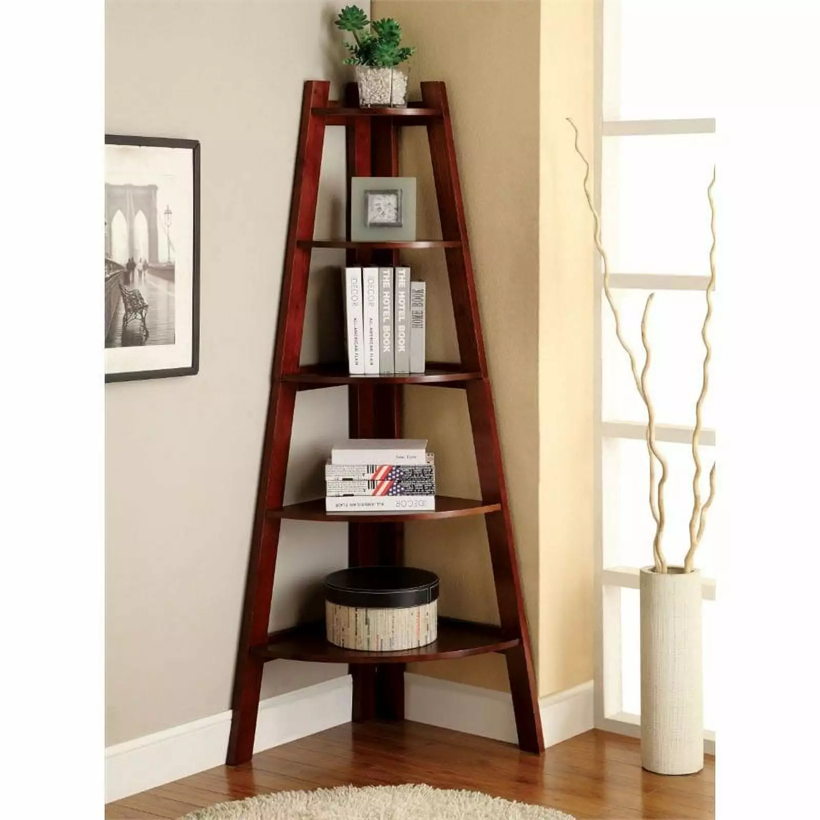 Kingfisher Lane 5 Shelf Corner Bookcase Cherry Wood Finish