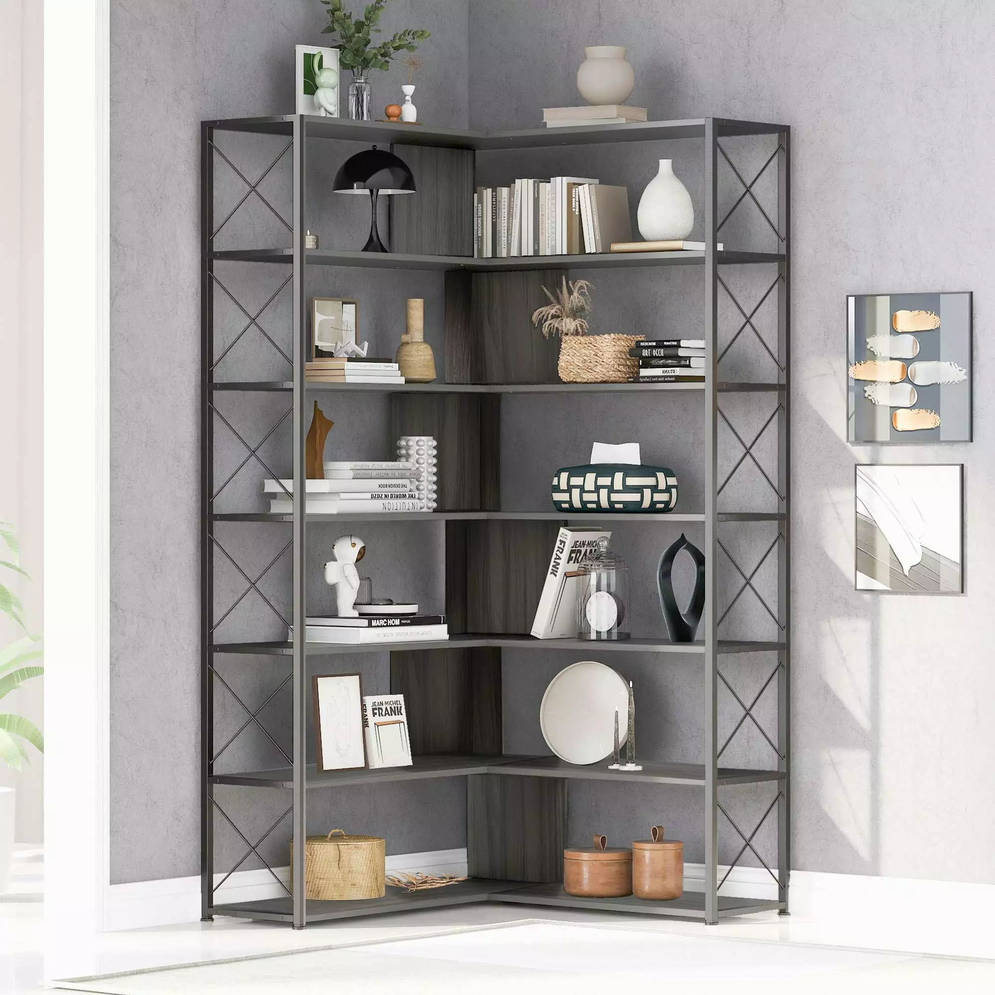 Silver Grey 7-Tier L-Shaped Corner Bookcase Metal Frame Industrial Style Open Storage MDF Board Leadbon