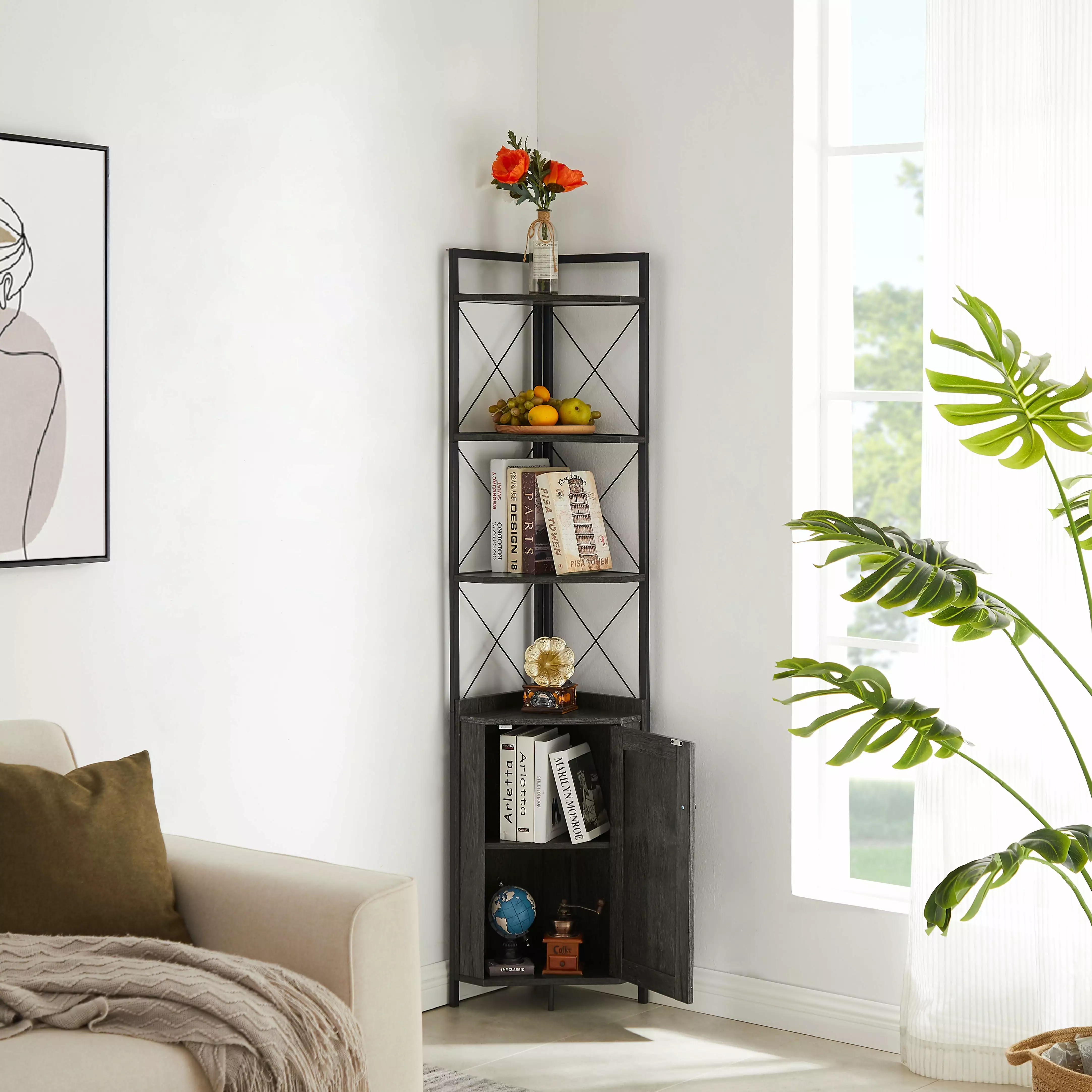 Corner Shelf 5-Tier Storage Corner Cabinet Bookshelf Stand Dark Grey Lxmons