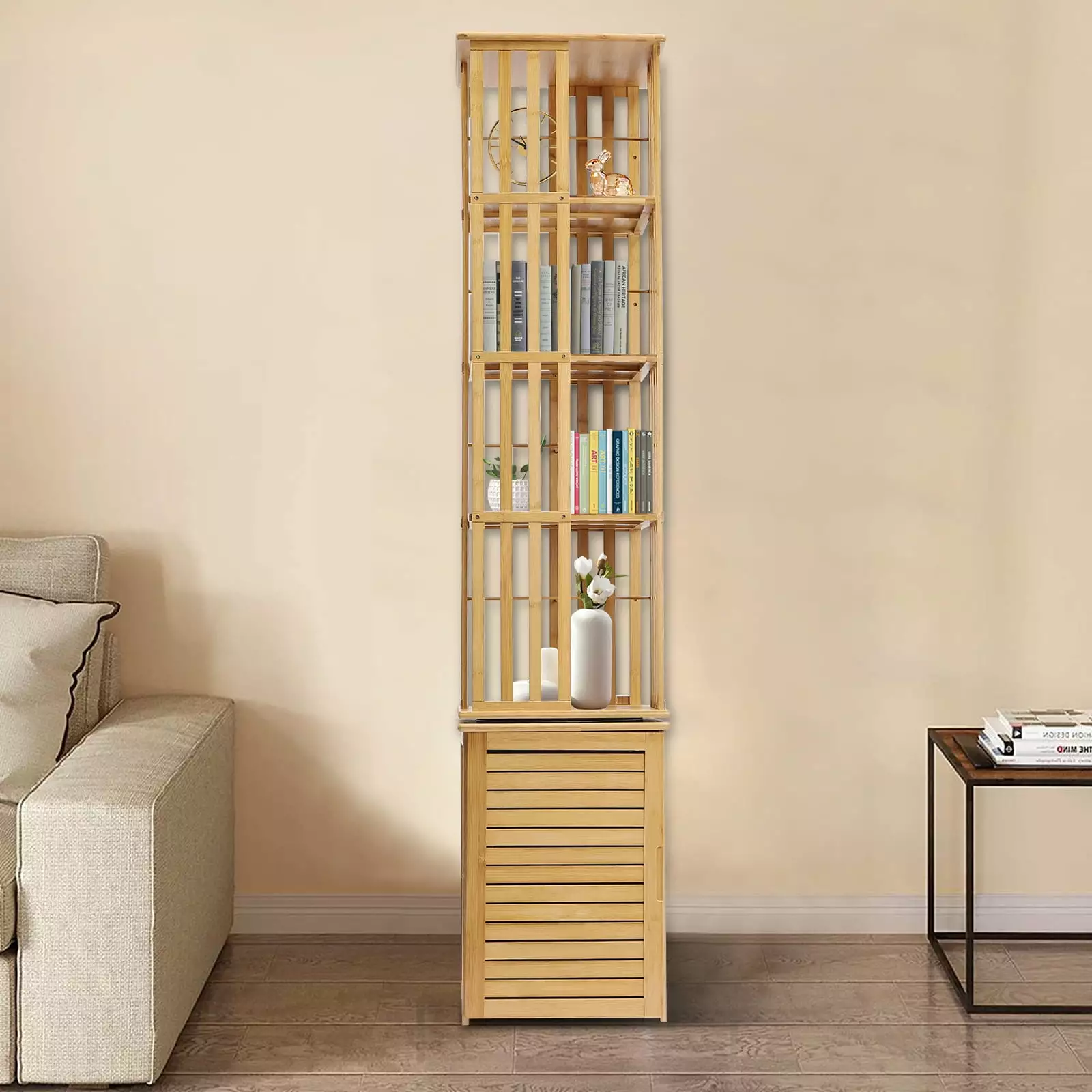 Miumaeov Bamboo Floor-Standing Book Shelves 6-Tier Corner Book Shelf 360 Rotating Storage Display Rack Living Room Study Room