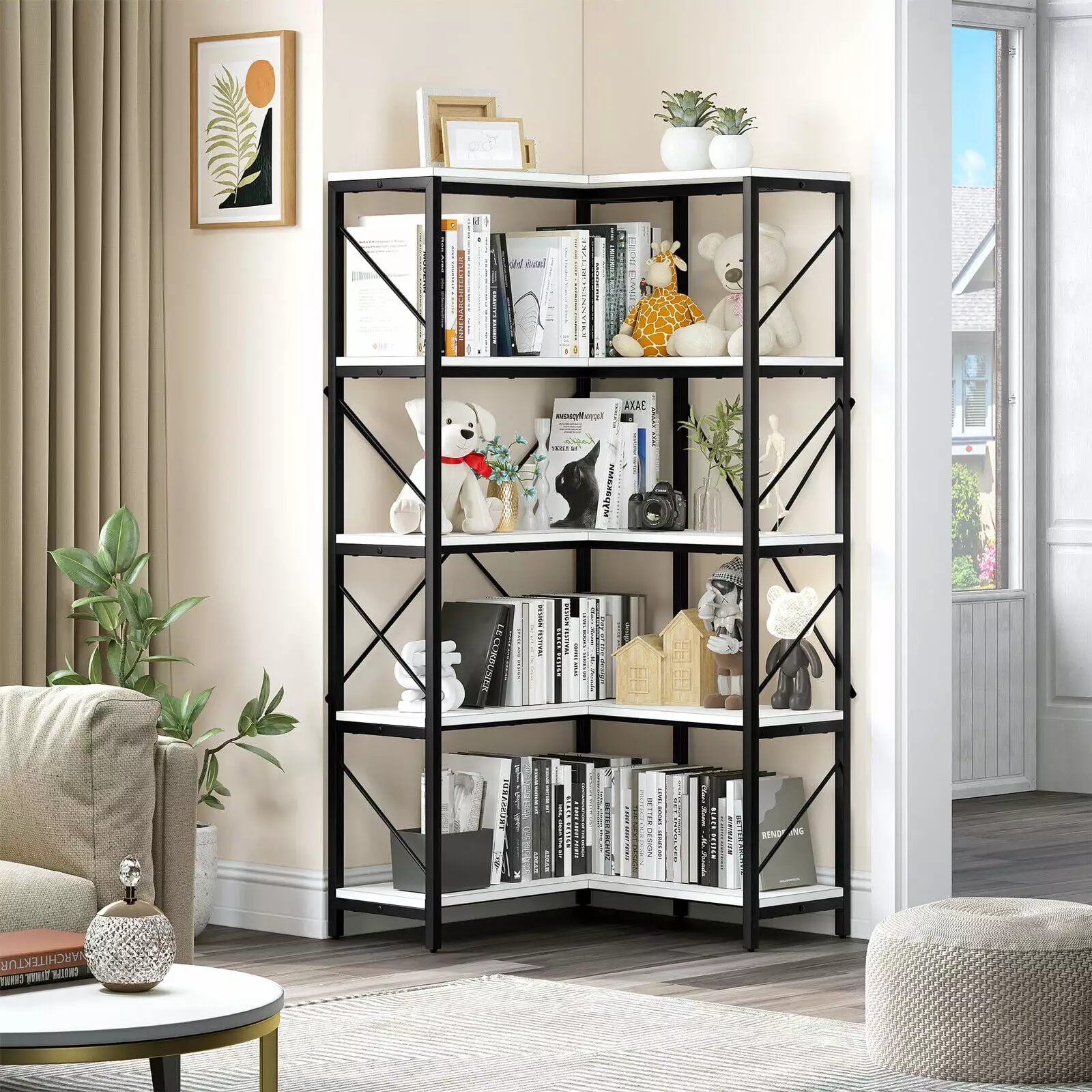 5-Tier Freestanding Corner Shelf Large Etagere Bookcase Bookshelf Display Rack N/A