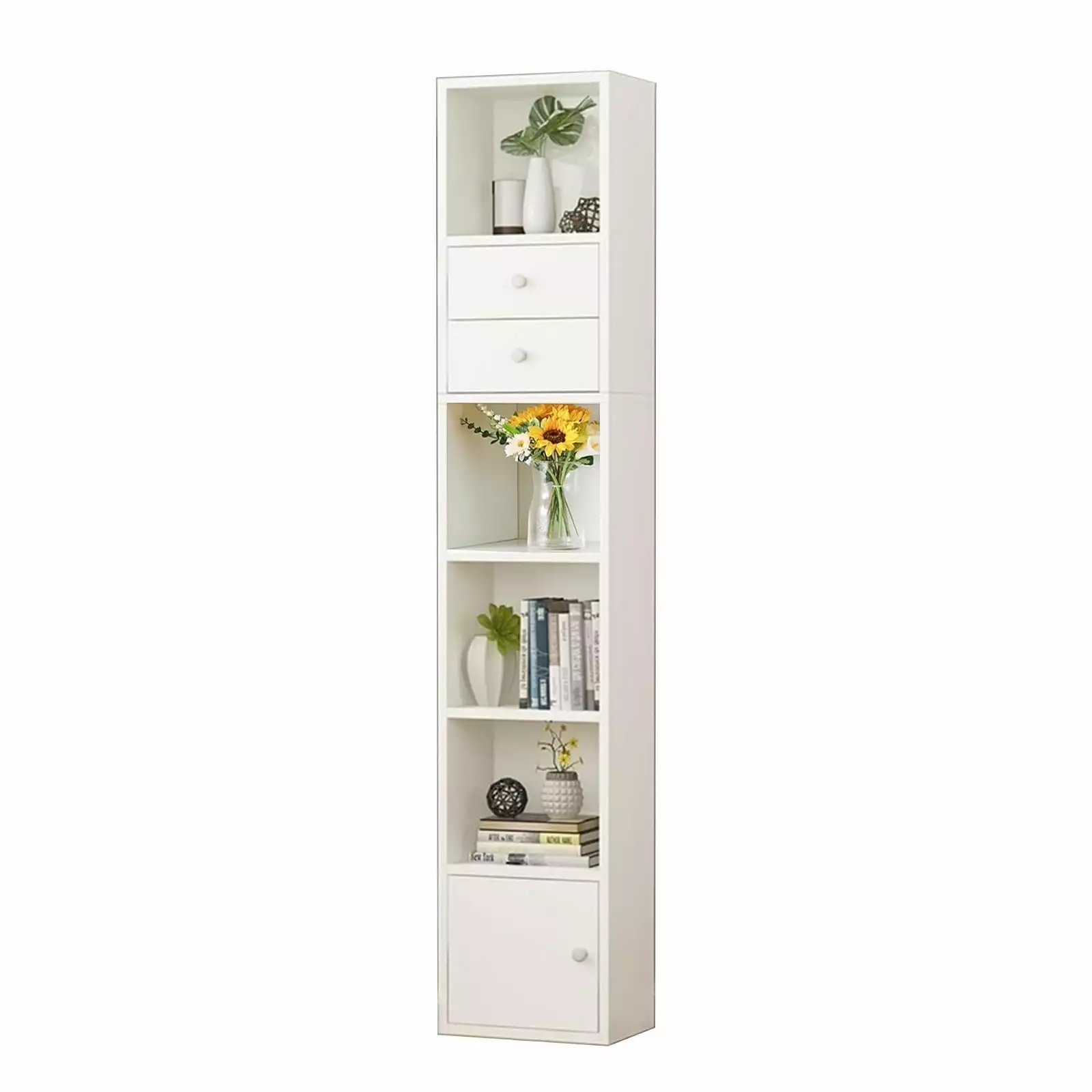 74 Inches Tall Narrow Bookshelf 6 Tier Corner Bookcase Doors and 2 Drawers White Nalego