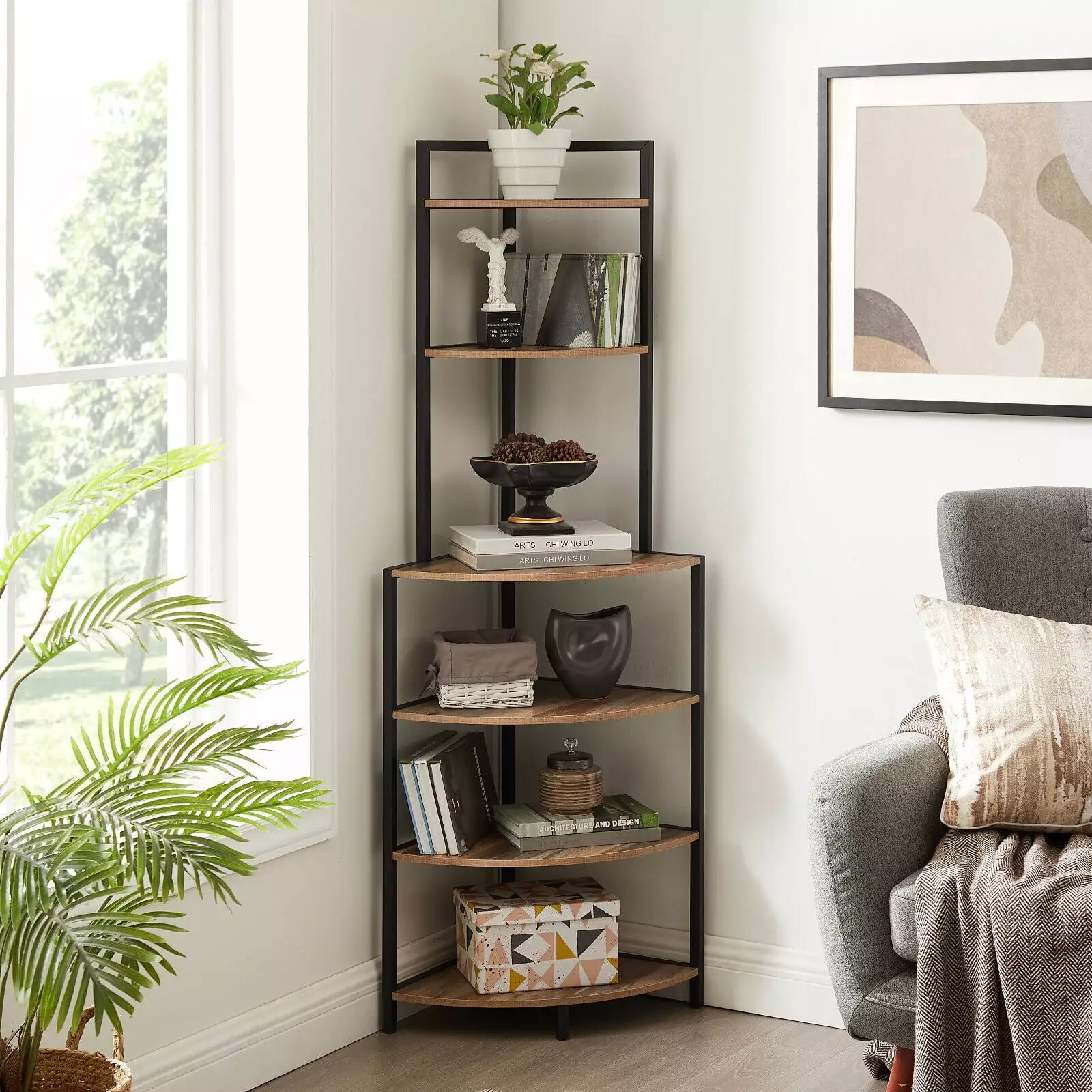 6 Tier Corner Shelf Bookshelf Bookcase Open Display Storage Rack Living Room NOBRAND