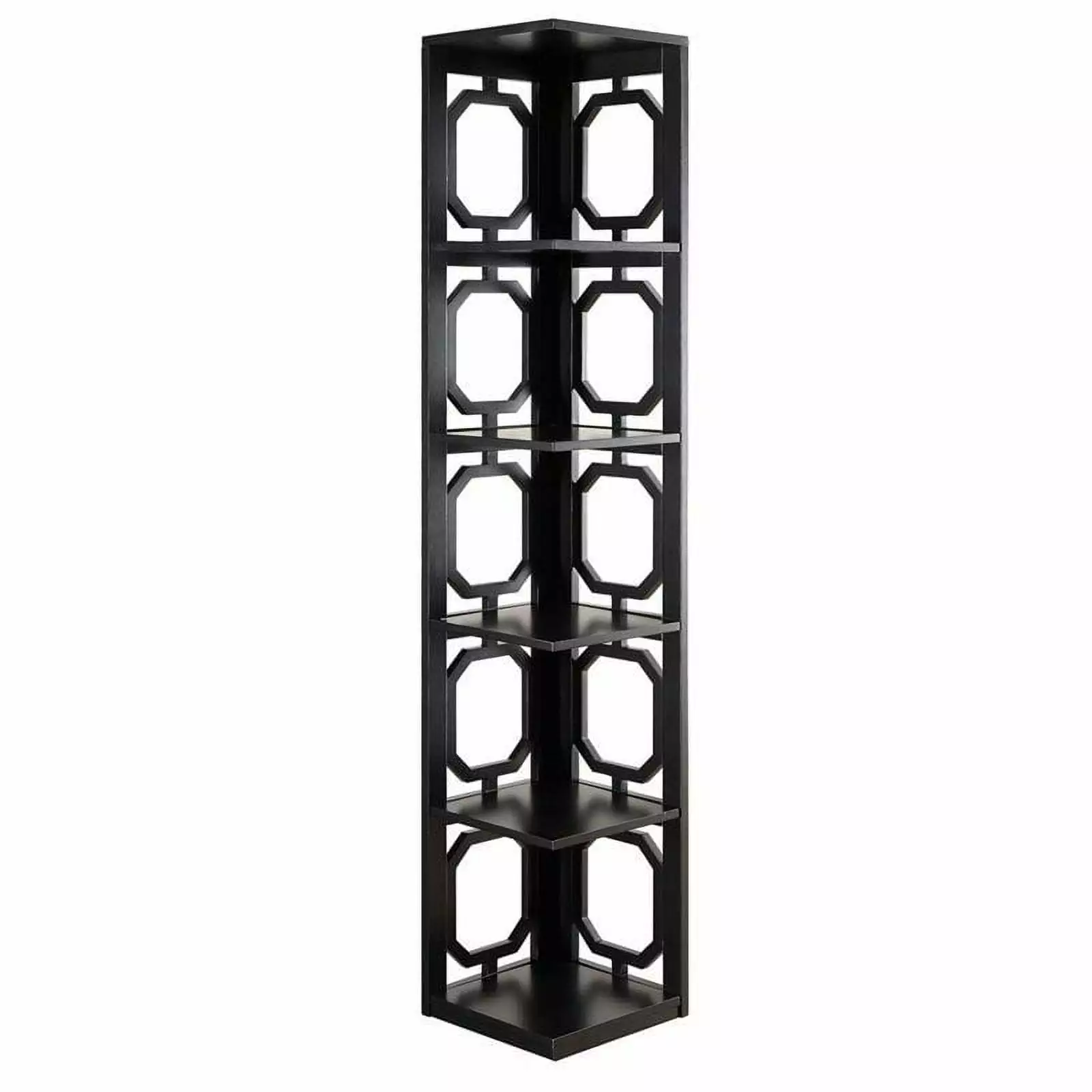 Pemberly Row Five-Shelf Modern Wood Corner Bookcase Black Stylish Bookshelf Home Office Living Room