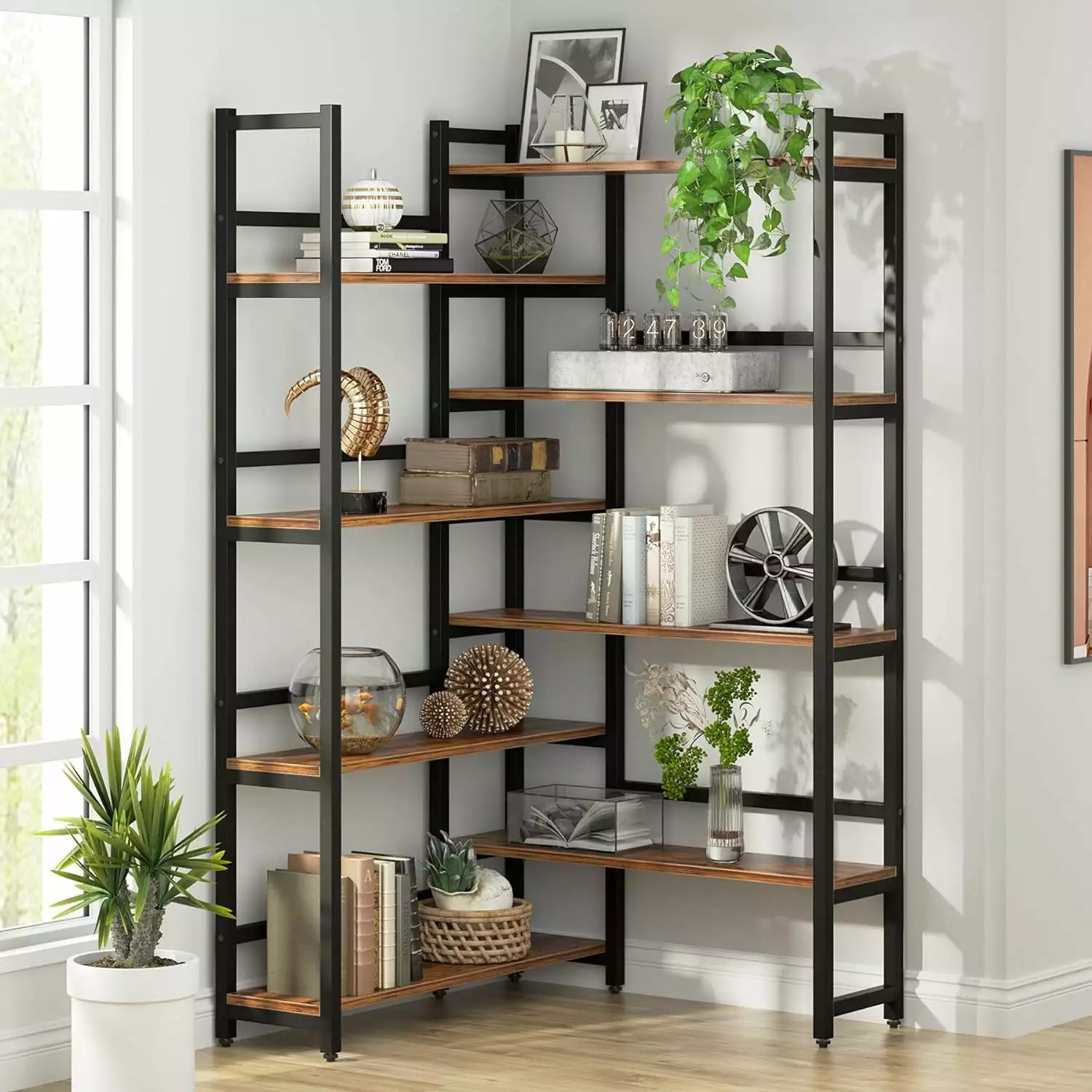 70.8 Inch Corner Bookshelf 8-Tier Industrial Bookcase Metal Frame Open Storage Home Office Puapli