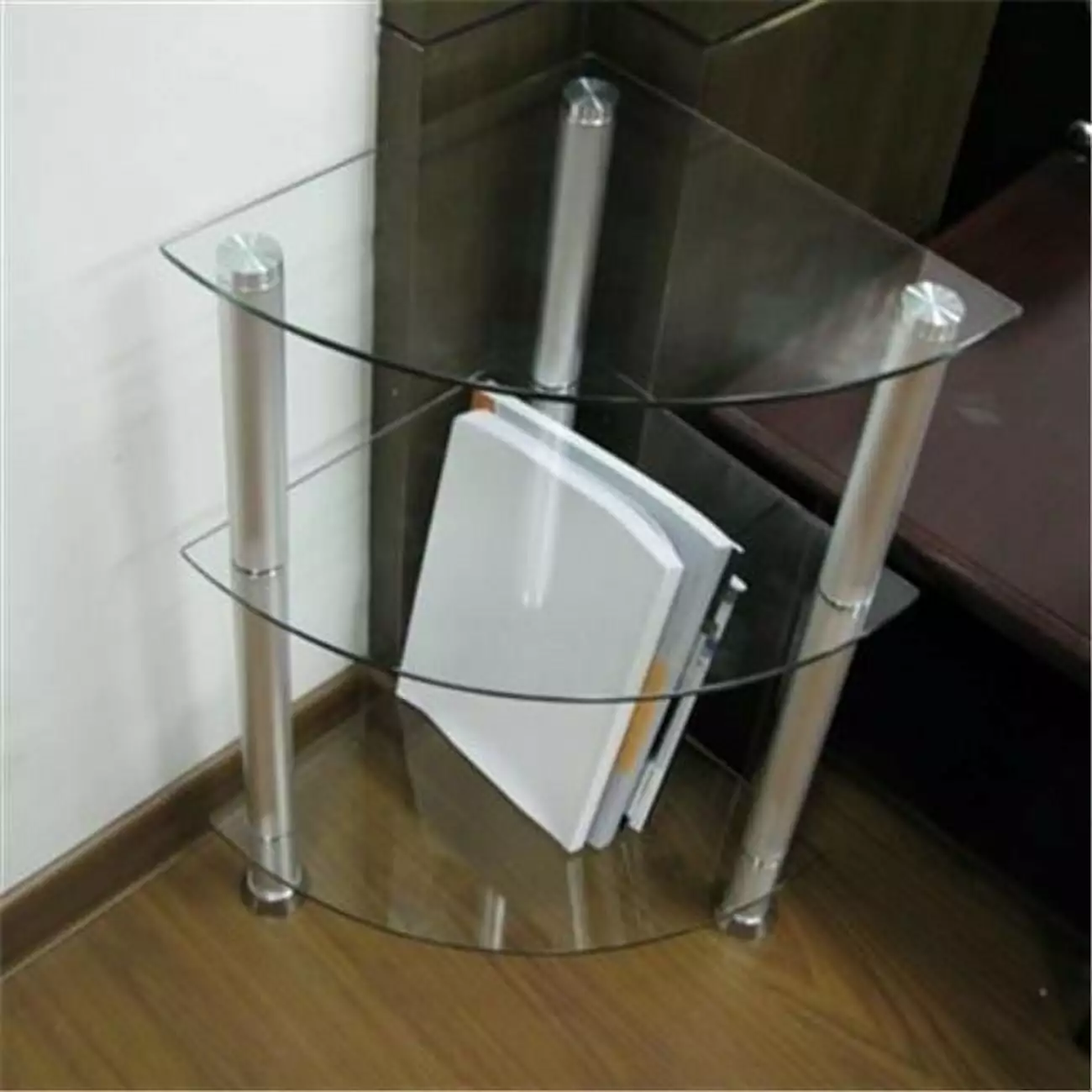 RTA Home and Office Corner Glass and Aluminum Bookcase or Utility Stand