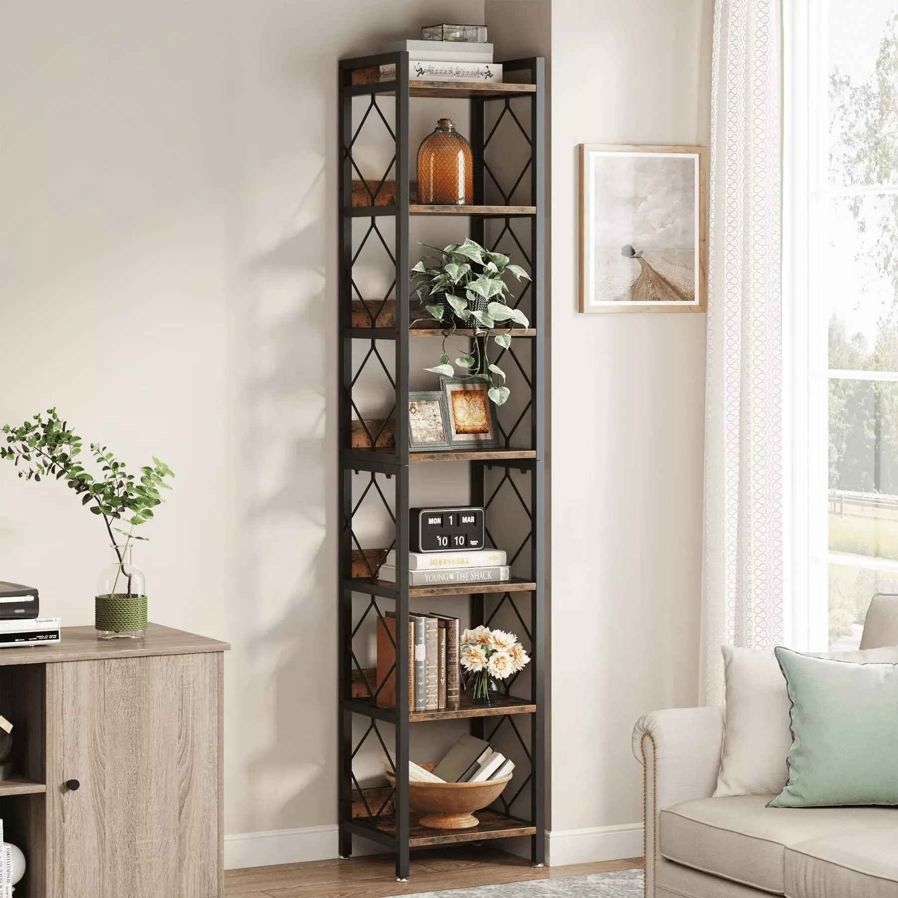 7-Tier Corner Shelf 78.7 Inches Narrow Bookshelf Corner Bookcase Small Spaces Sanshome