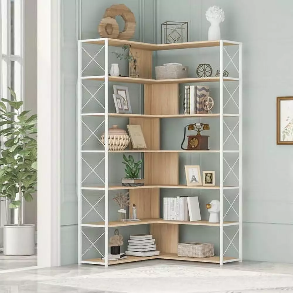 7-Tier L-Shaped Corner Bookcase Metal Frame Industrial Style Open Storage MDF Board Home Office Bookshelf Super Dope