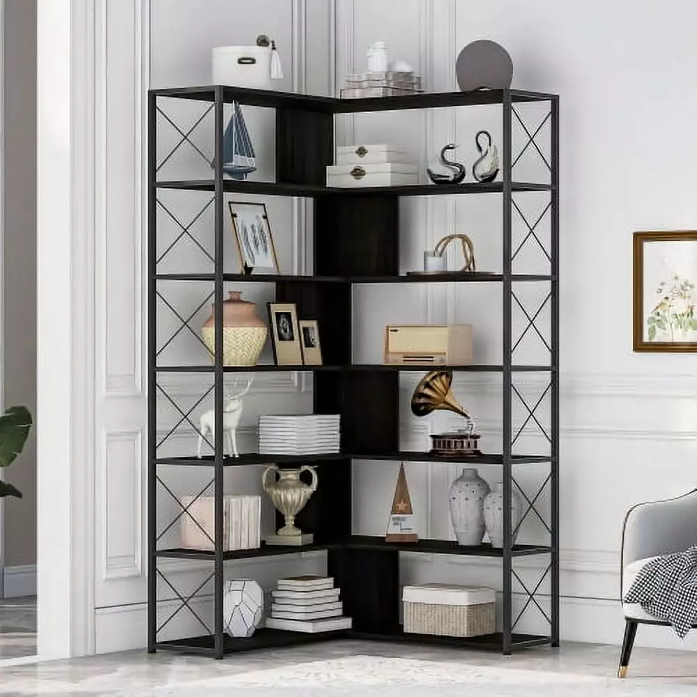 7-Tier L-Shaped Corner Bookcase Metal Frame Industrial Style Open Storage MDF Board Home Office Bookshelf Super Dope