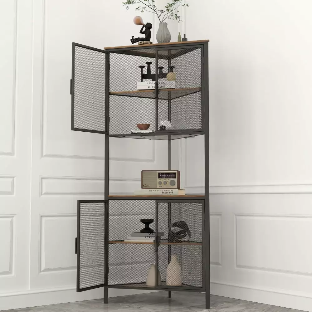 Tcbosik 5-Tier Corner Storage Cabinet Metal Mesh Doors Modern Bookcase Small Space Living Room Bathroom Kitchen Black and ...