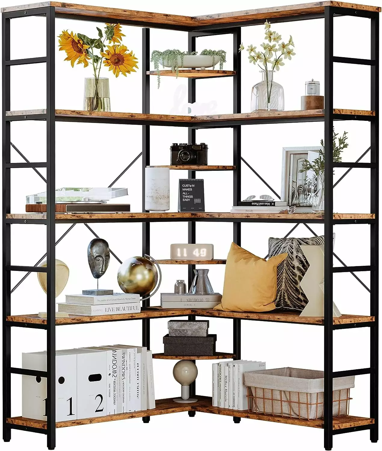 5-Tier L-Shaped Corner Bookcase Curved Panels Metal Frame Open Storage Shelf Living Room Home Office Tongou