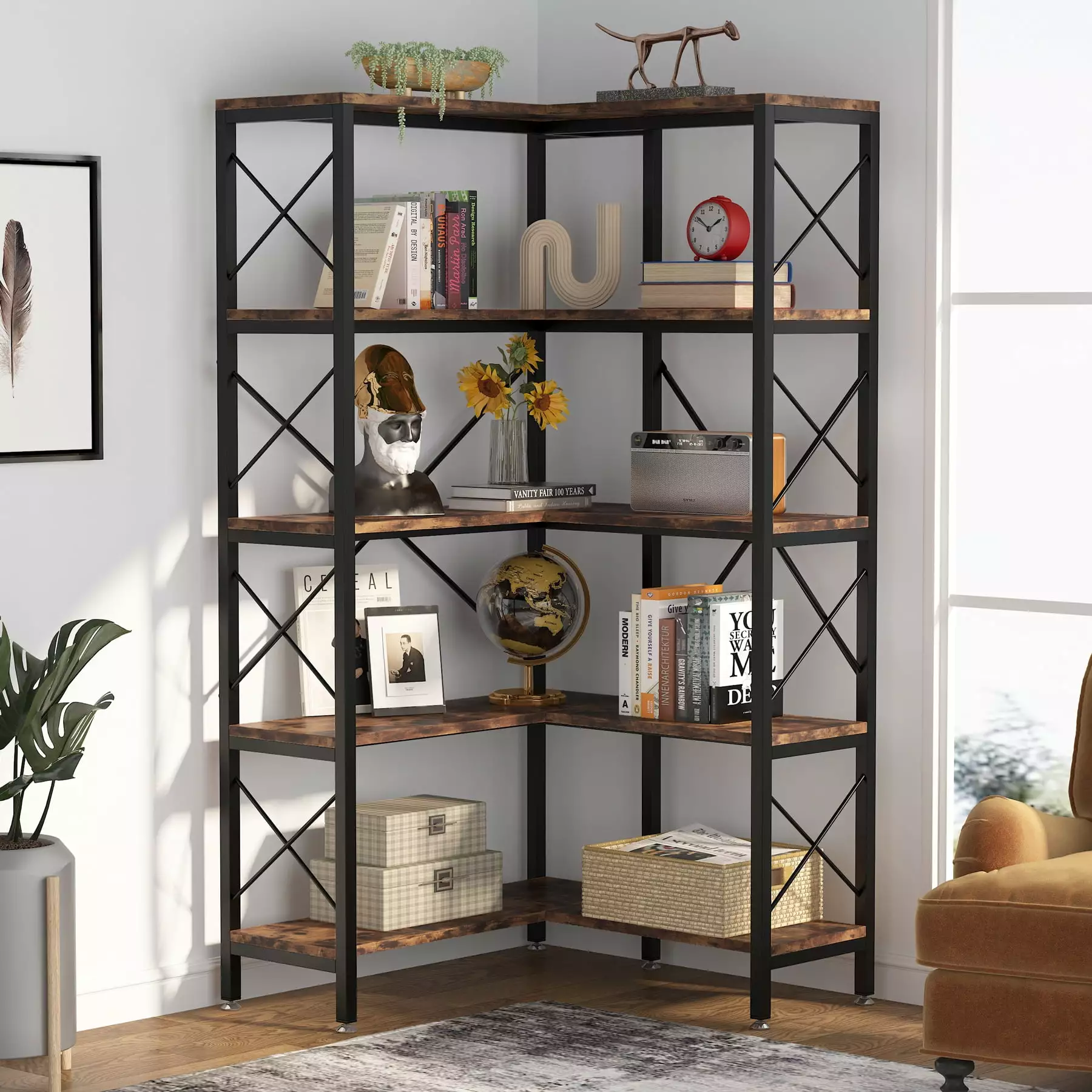 Tribesigns 5-Tier Bookshelf Modern Corner Bookcase Tall Corner Shelf Open Display Rack Living Room Home Office Rustic Brown