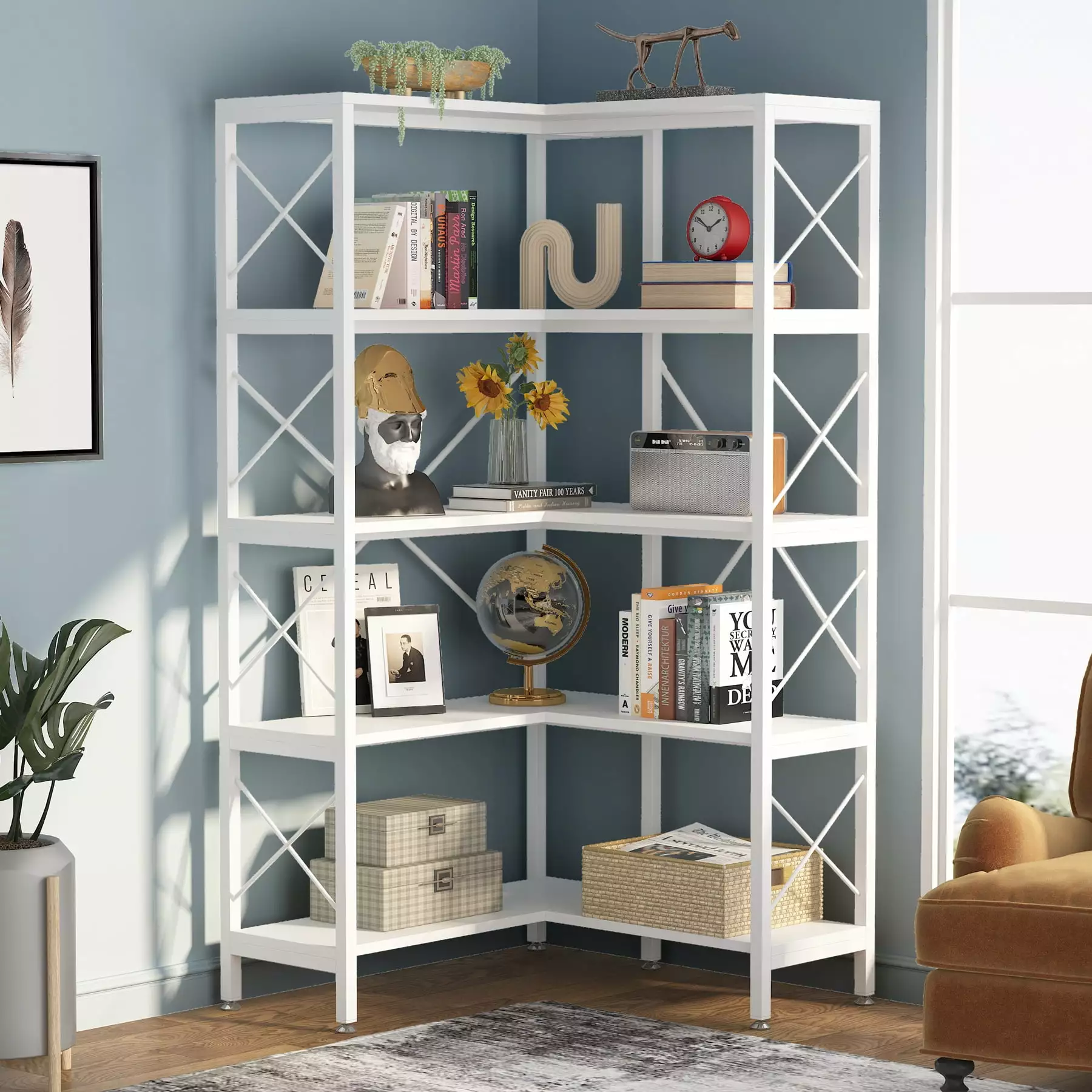 Tribesigns 5-Tier Corner Bookshelf Tall Corner Shelf Open Display Rack Living Room