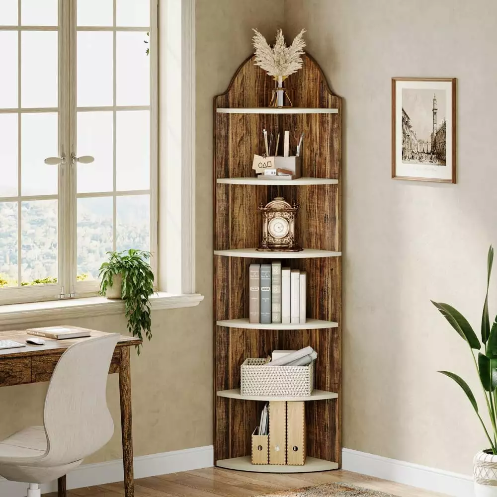 Tribesigns 6-Tier Corner Shelf 70.87 Inch Tall Rustic Corner Bookshelf Display Shelf