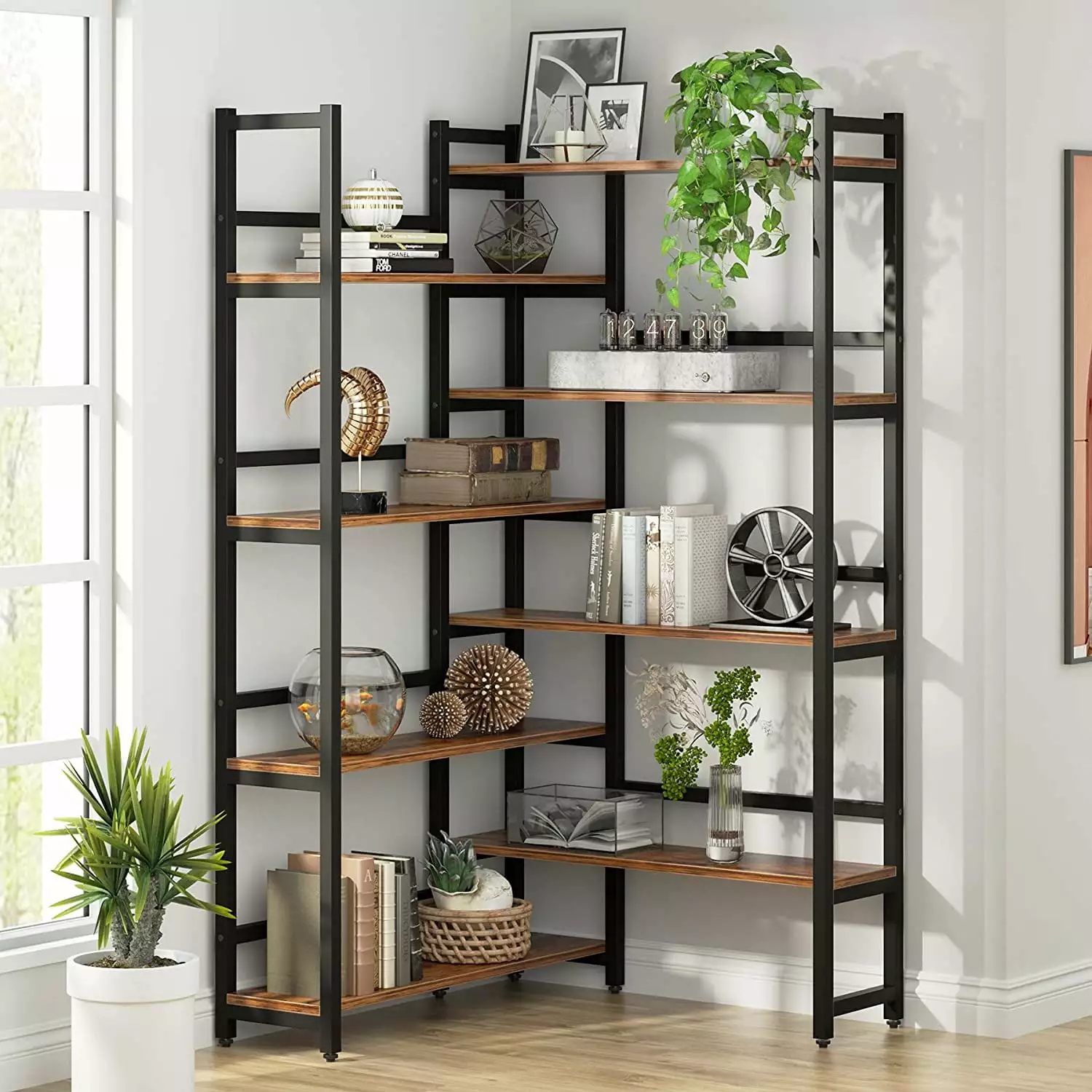 Tribesigns 70.8 Corner Bookshelf 8-Tier Industrial Bookcase Metal Frame Home Office Storage