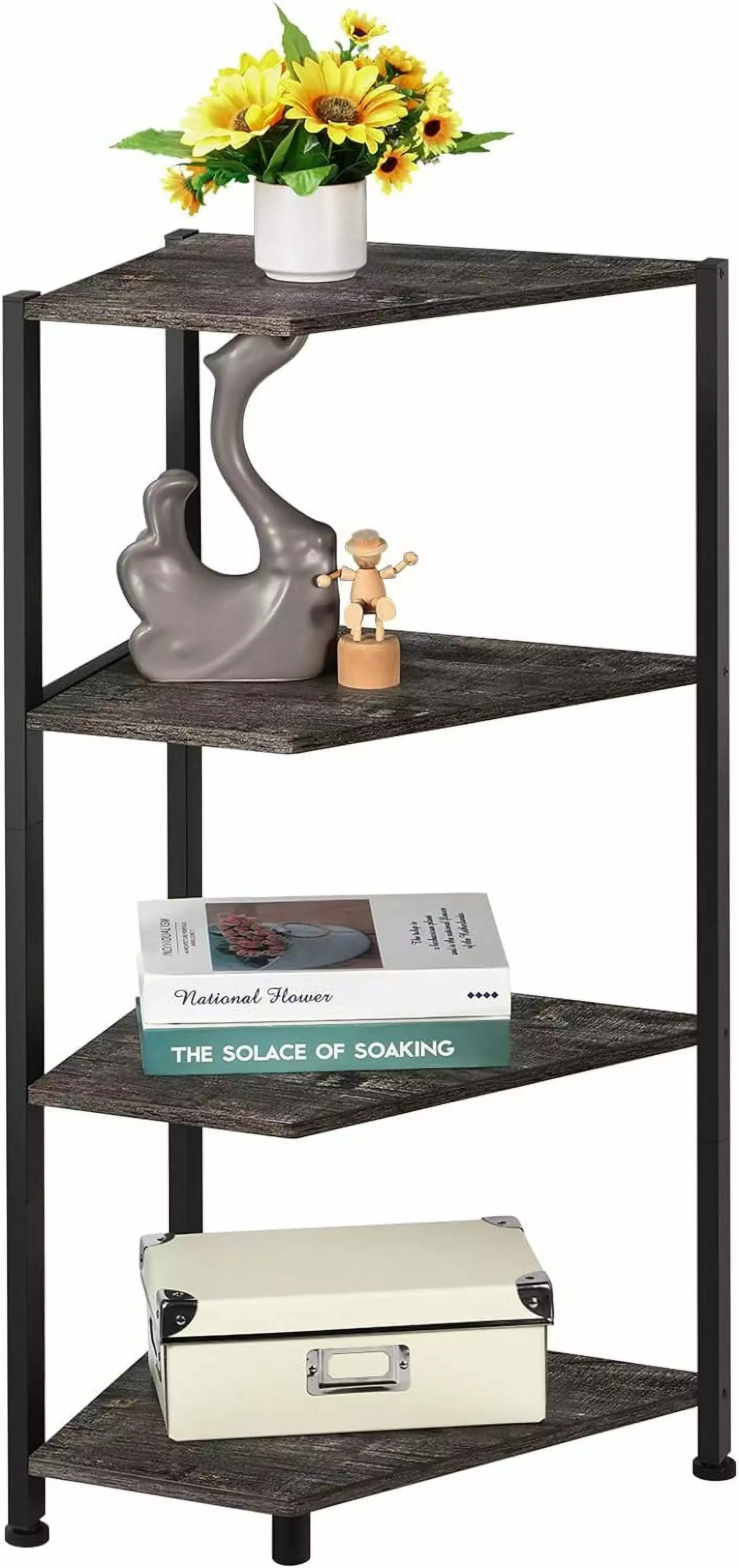 4 Tier Corner Bookshelf Freestanding Wood Storage Shelf Metal Frame Entryway Home Office Gray TUOREN