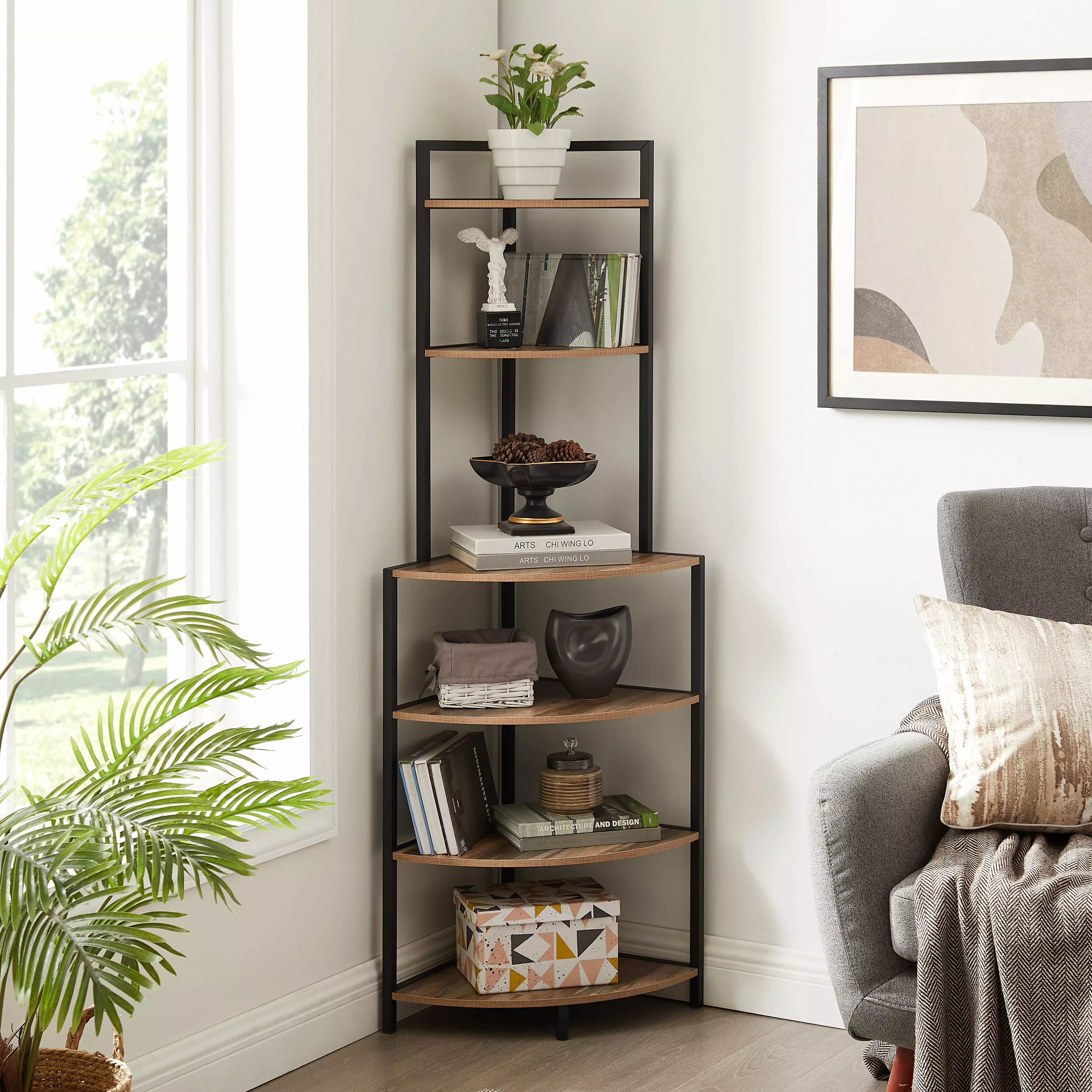 6-Tier Rustic Brown Corner Open Bookcase Modern Wooden Shelving Unit Living Room Viruhaka