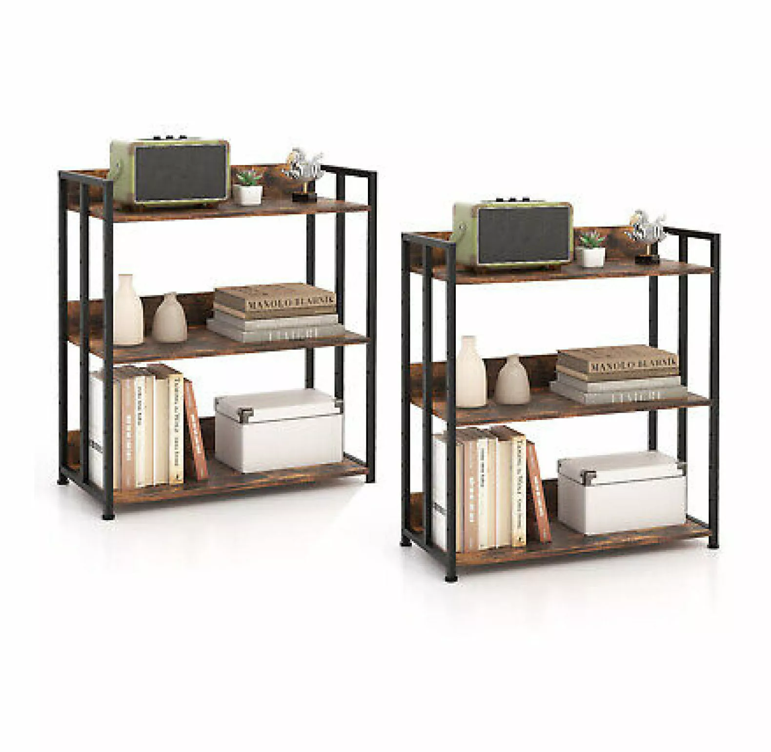 WANCQ 2-Piece 3-Tier Metal Frame Corner Bookcase Adjustable Shelves Rustic Brown