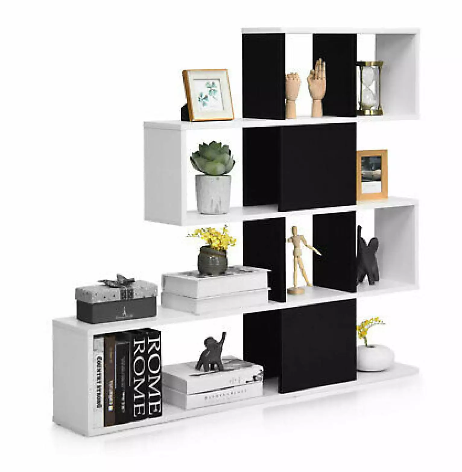 WANCQ Bookshelf Corner Ladder Bookcase 5-Tier Display Black White Living Room Office