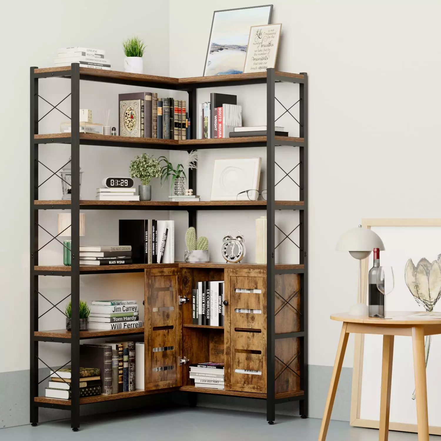 Wildhome 6-Shelf Corner Bookshelf Vintage Industrial Bookcase Metal Frame Brown