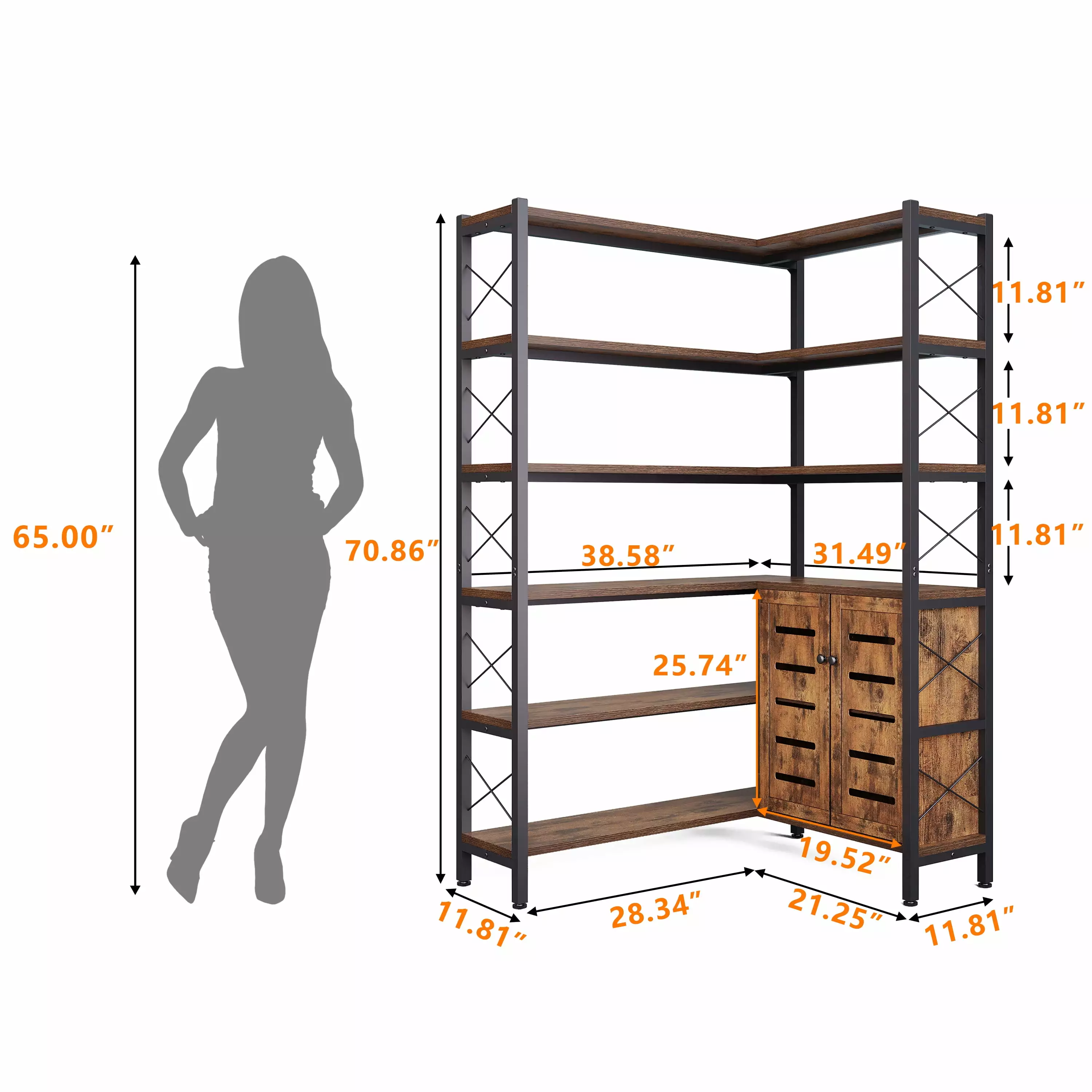 Wildhome 6-Shelf Corner Bookshelf Vintage Industrial Bookcase Metal Frame Brown