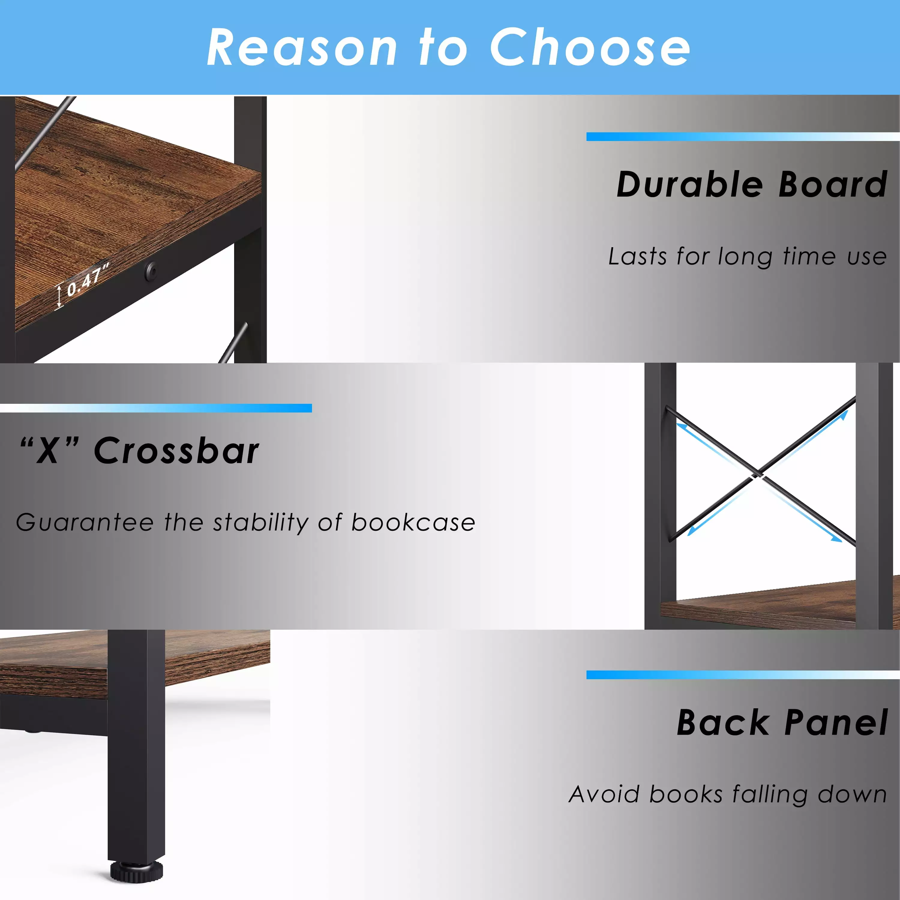 Wildhome 6-Shelf Corner Bookshelf Vintage Industrial Bookcase Metal Frame Brown