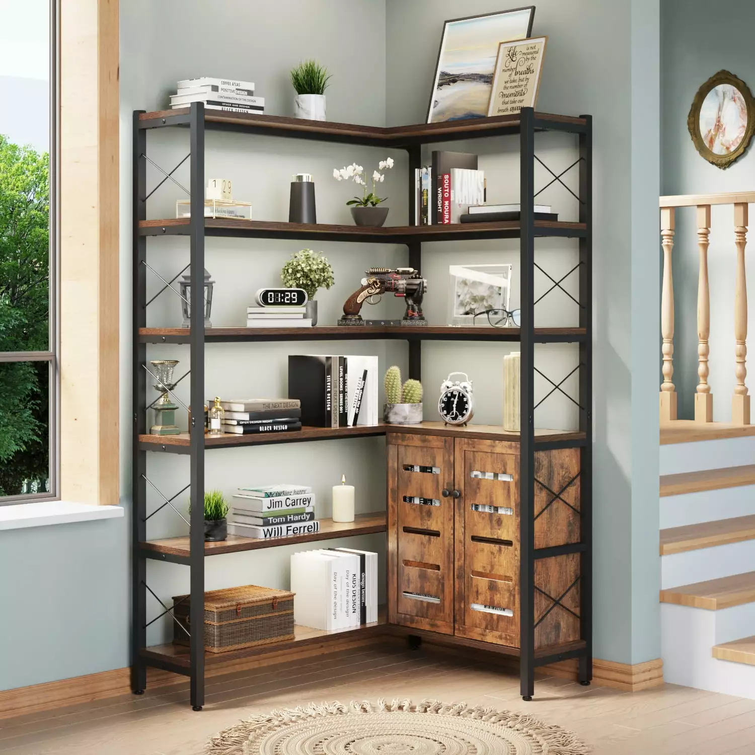 Wildhome 6-Shelf Corner Bookshelf Vintage Industrial Bookcase Metal Frame Brown