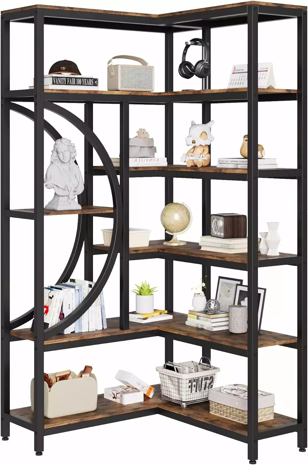 Wooden Industrial L-Shaped Corner Bookcase 6 Tier Storage Rack Living Room Bedroom Office Brown Wpond