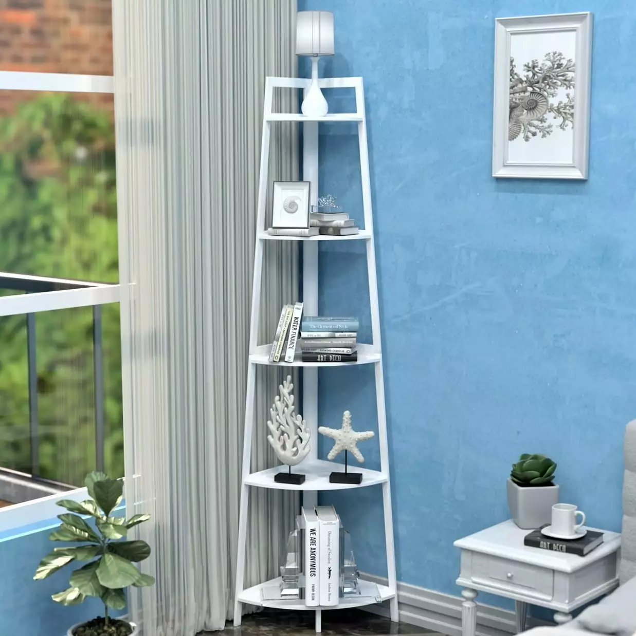 WTZ 5 Tier Corner Shelf 70.87 Inch Ladder Bookcase Modern White
