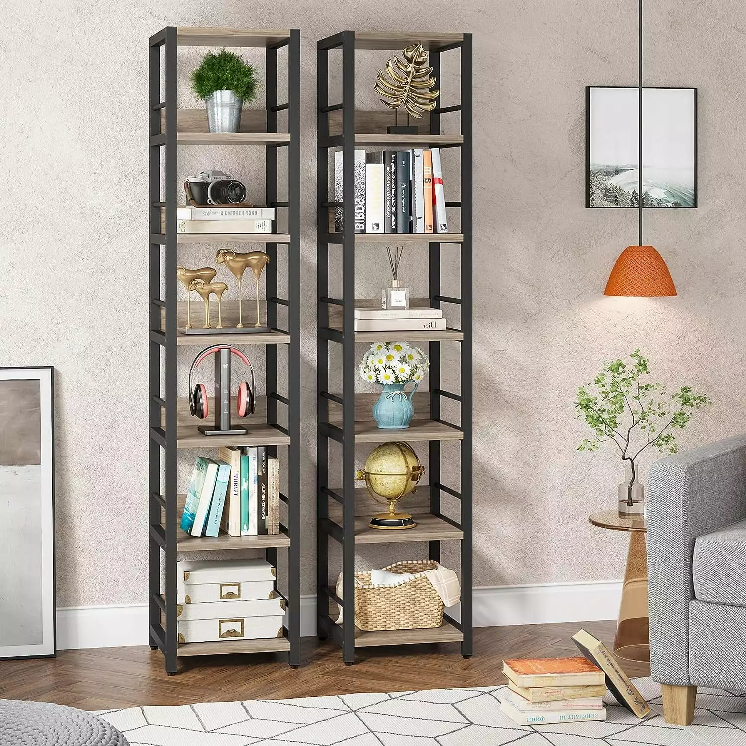 XINGAN 6-Tier Corner Shelf 75 Inch Tall Narrow Bookshelf Storage Rack Etagere Shelves Display Stand Small Spaces Living Ro...