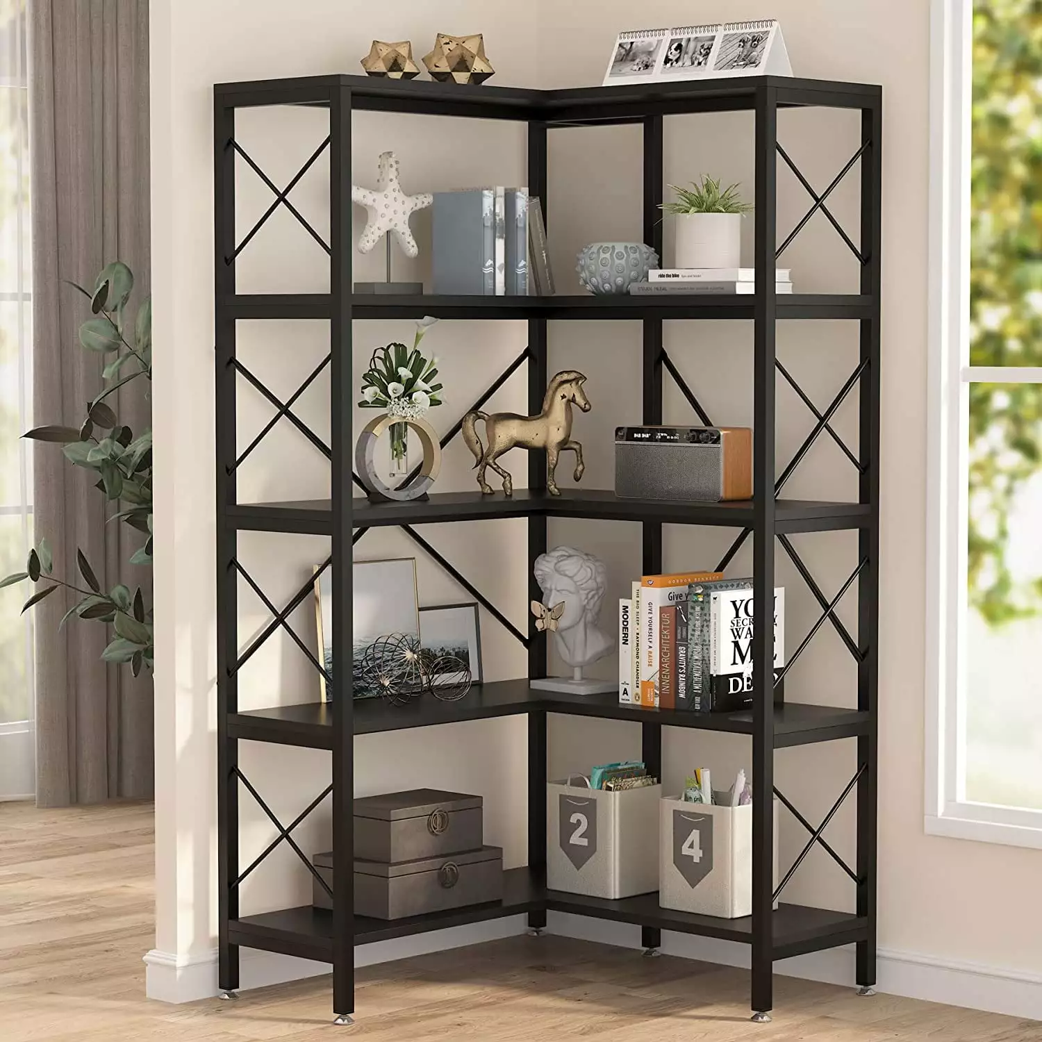 XINZHEN 5-Shelf Corner Bookshelf Large Modern Bookcase 5-Tier Tall Shelf Metal Frame Living Room Black