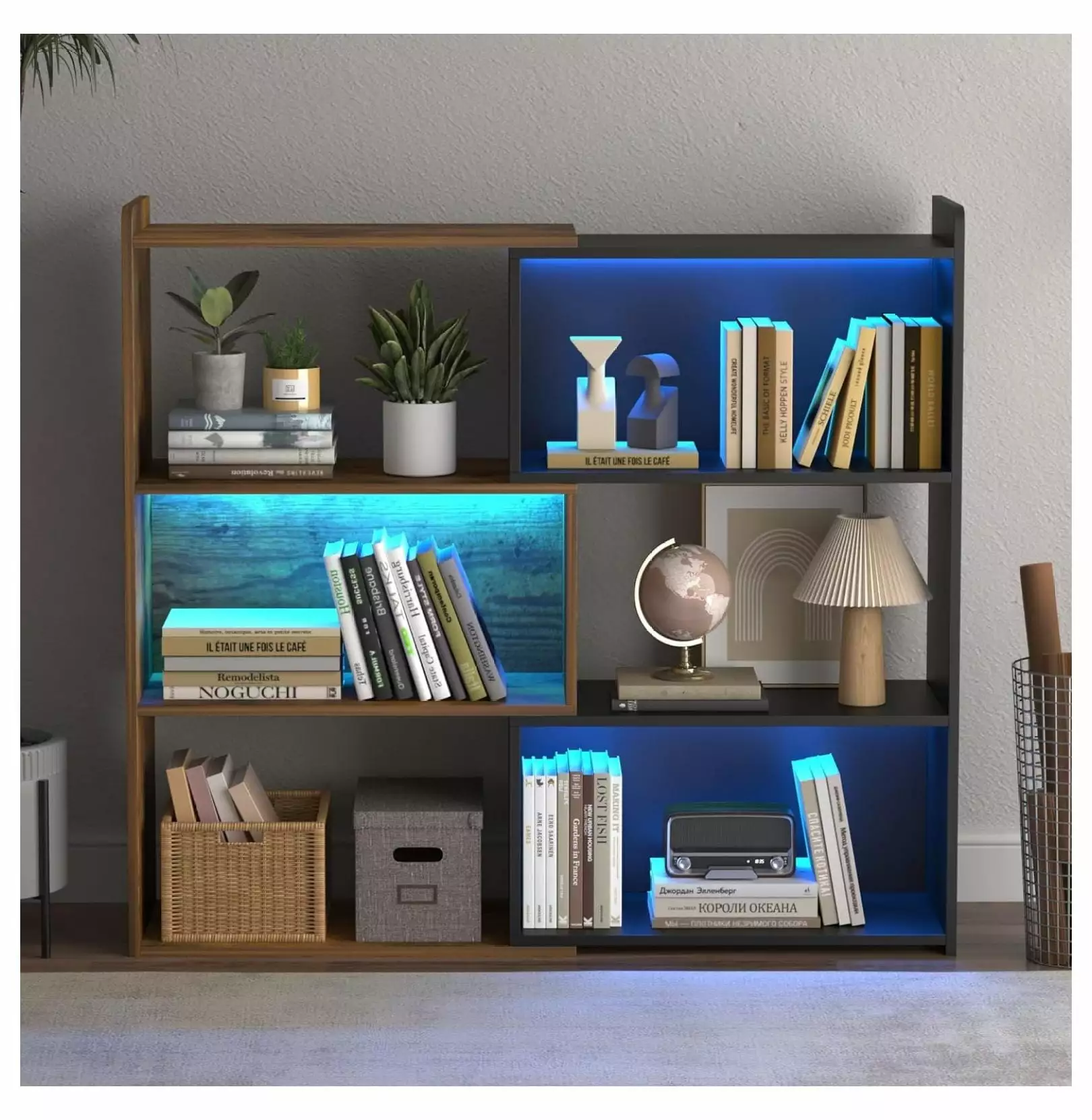 Zazesaby Corner Bookshelf 4-Tier L-Shaped Bookcase LED Light - Home Office Storage