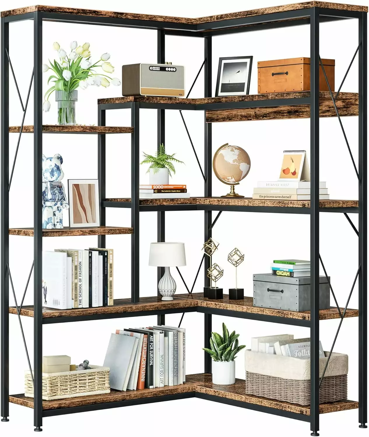 ZHIBING 5-Tier Corner Bookshelf Industrial Bookcase Metal Frame Rustic Brown Living Room