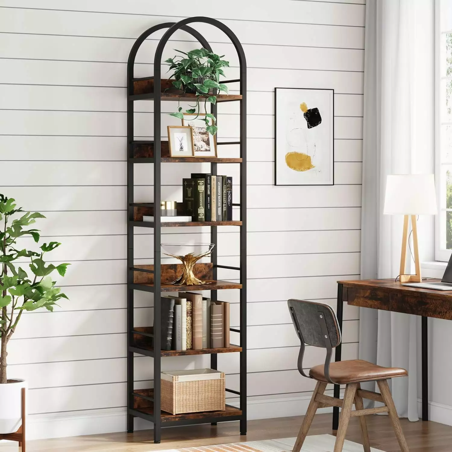ZHIBING 6-Tier Open Bookshelf 78.7 Tall Arched Bookcase Narrow Bookshelf Metal Frame Freestanding Corner Bookcase Display ...