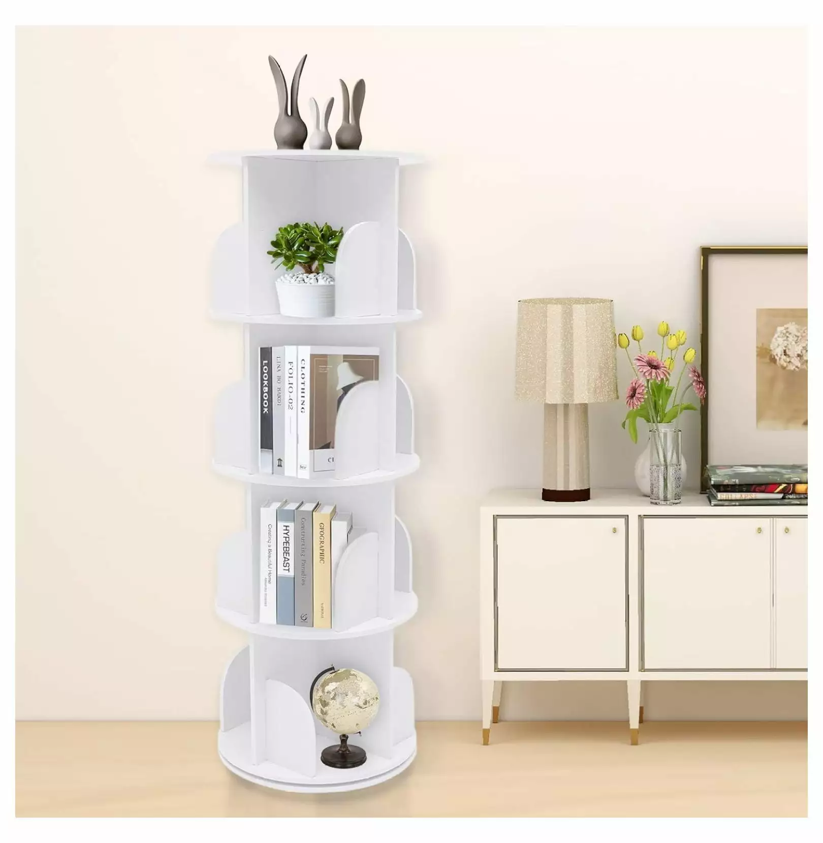 Rotating Bookshelf 4 Tier Nordic White Bookcase 220 lbs Bearing Capacity Corner Shelf Living Room Bedroom Study Office ZRu...