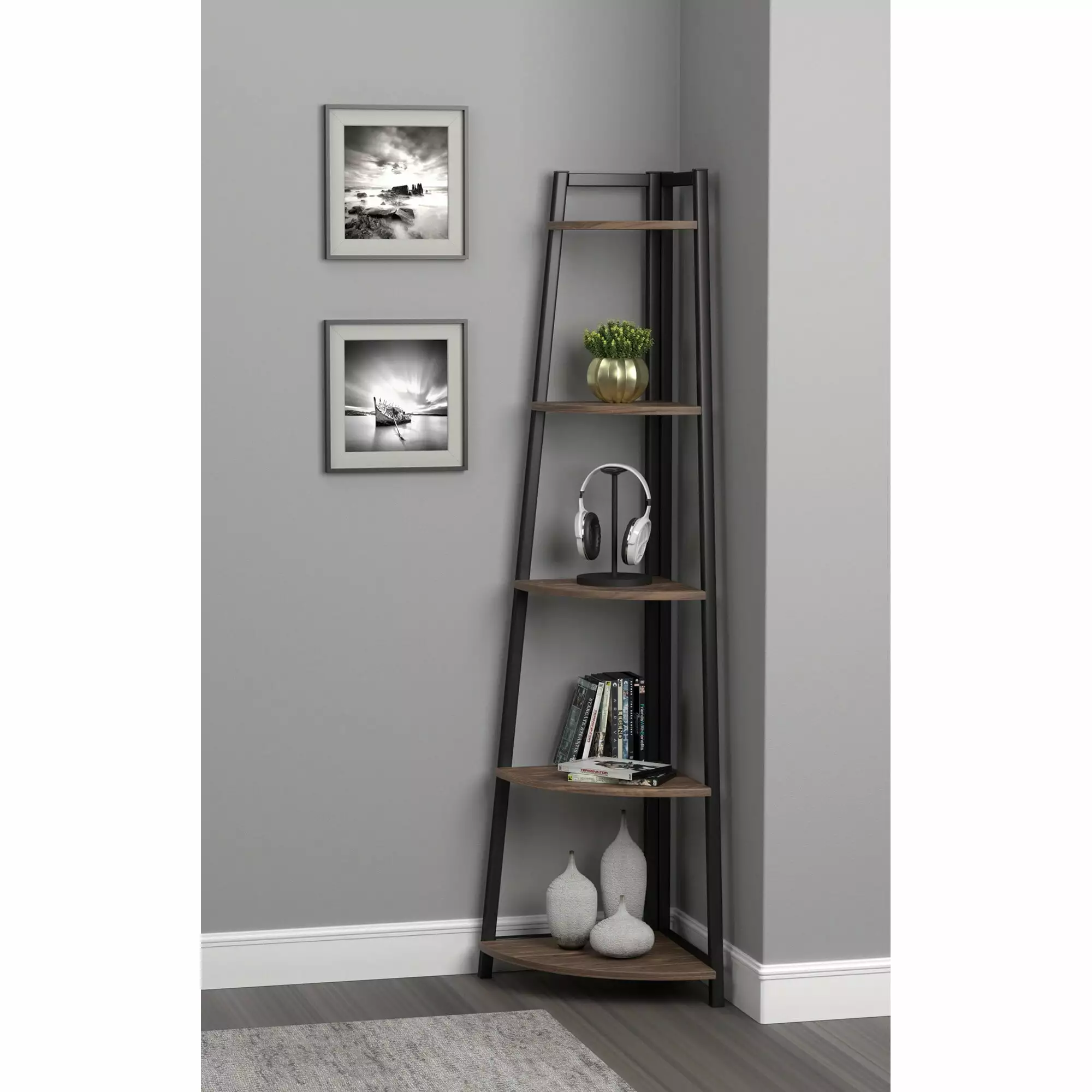 Horatio Aged Walnut Corner Bookcase Classic Wooden Display Shelf Home Office Bed Bath & Beyond