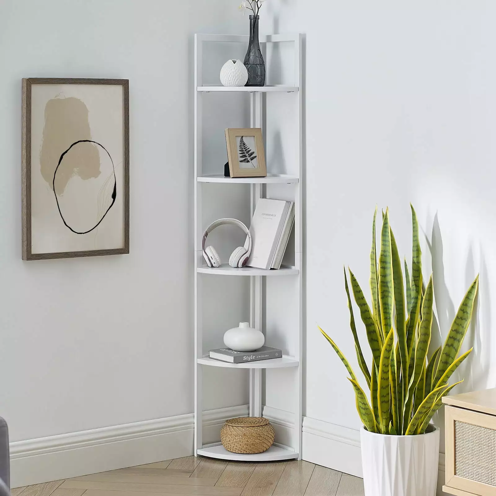 BMTBUY 5 Tier Corner Bookcase Plant Stand Storage Open Shelf Corner Display Rack White