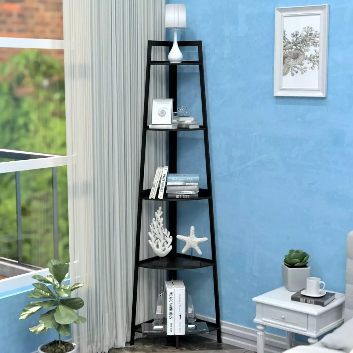 BZH 5 Tier Bamboo Corner Shelf 70.87 Ladder Bookcase Modern and Minimalist Style Black