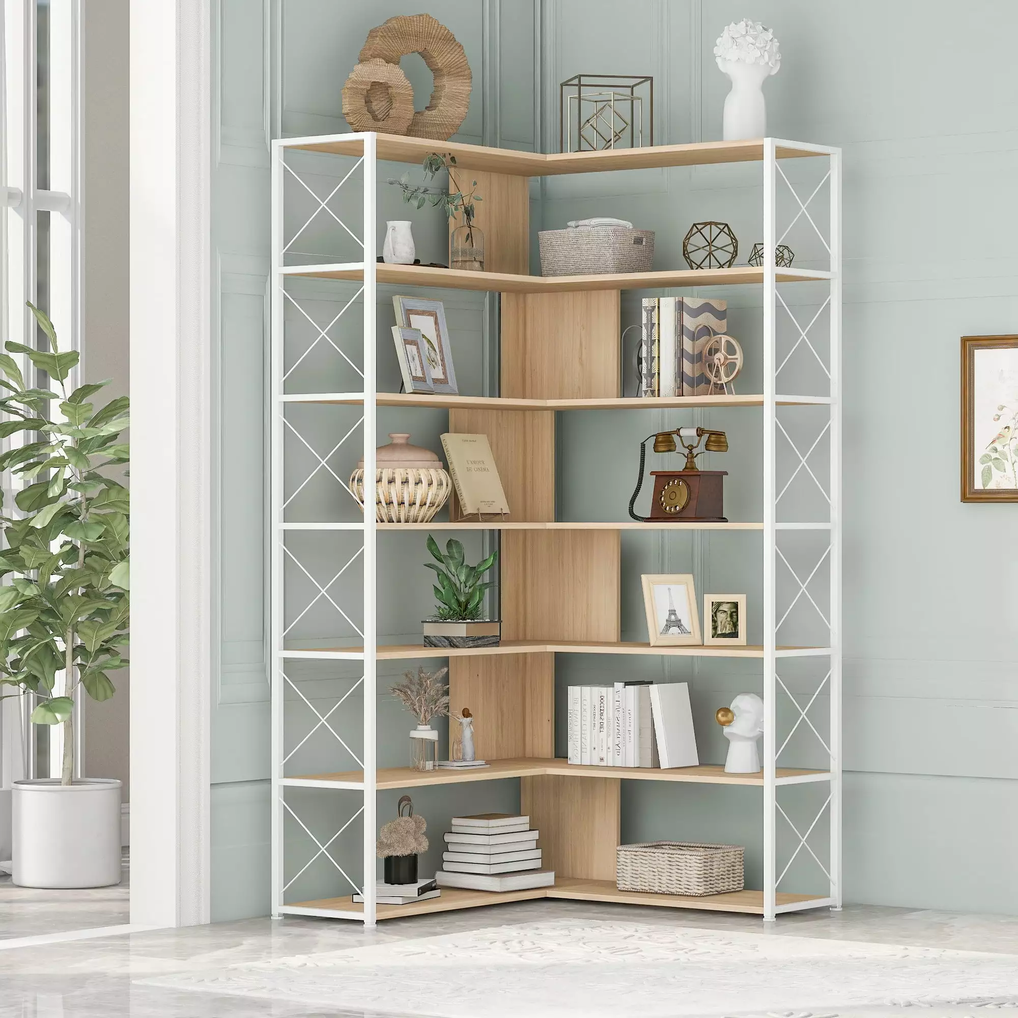 CoSoTower 7-Tier Bookcase L-Shaped Corner Bookcase Metal Frame Industrial Style Open Storage Shelf