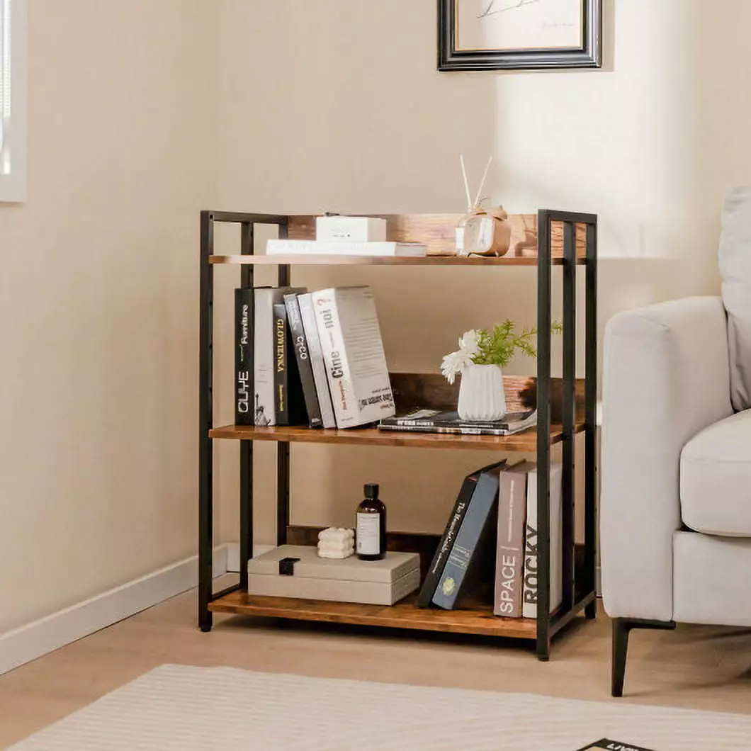 3-Tier Corner Bookcase Adjustable Shelves and Metal Frame Rustic Brown Home Office Living Room CostwayINC