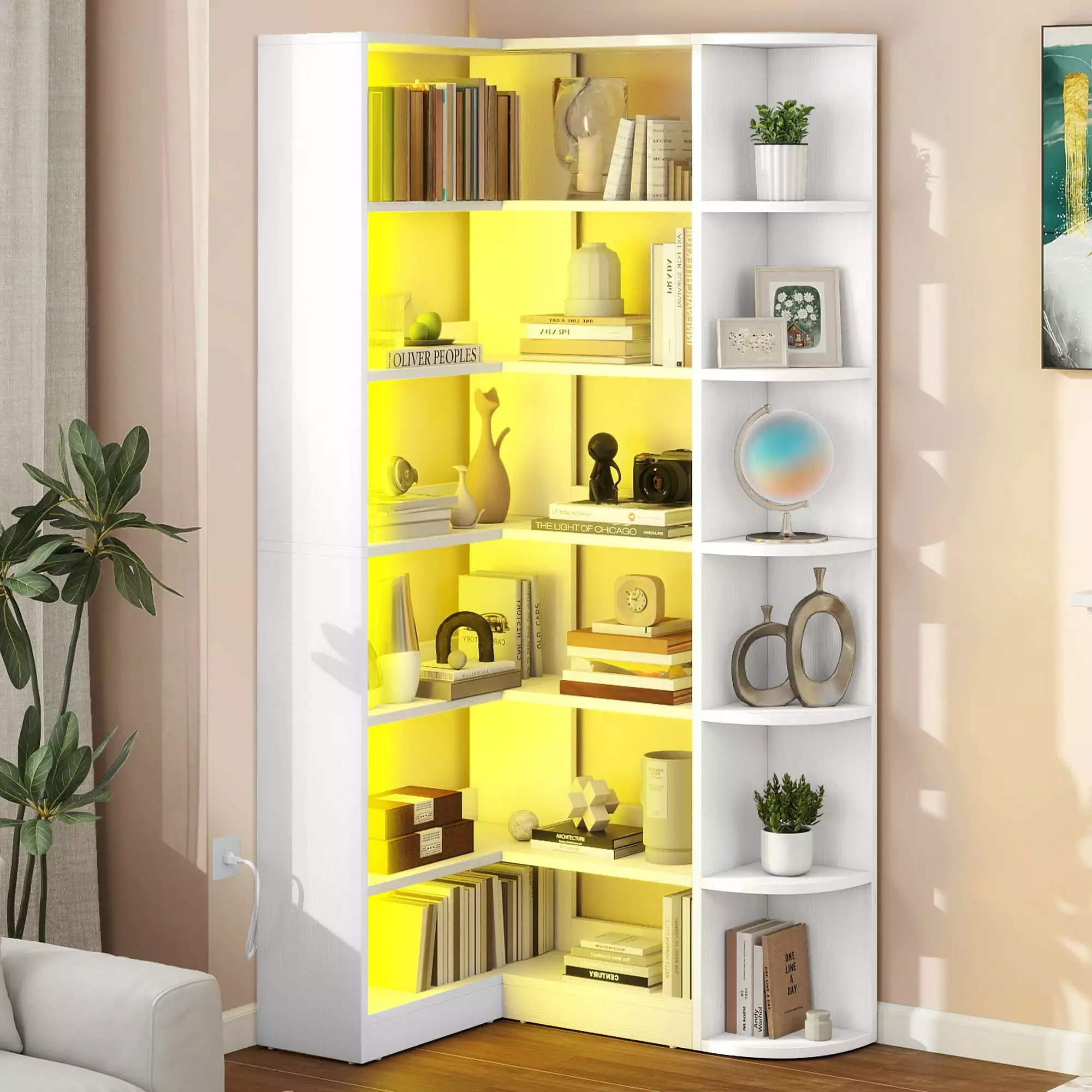Craftian Dextrus 6 Tier Bookshelf LED Light 70.8 Modern White L-Shaped Bookcase Home Office Living Room