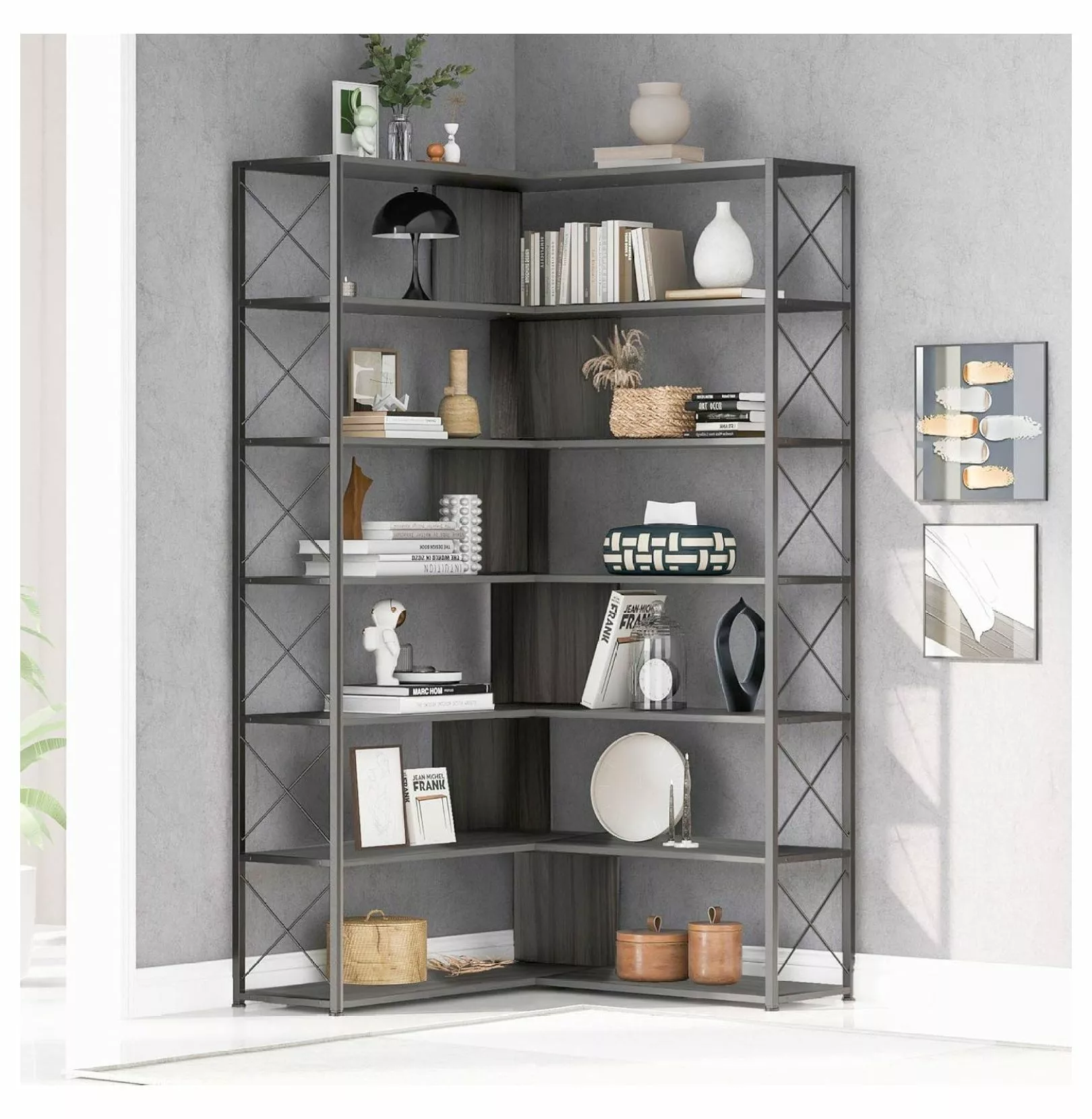 DazzAura Silver Grey 7-Tier Bookcase L-Shaped Corner Bookcase Metal Frame Industrial Shelf