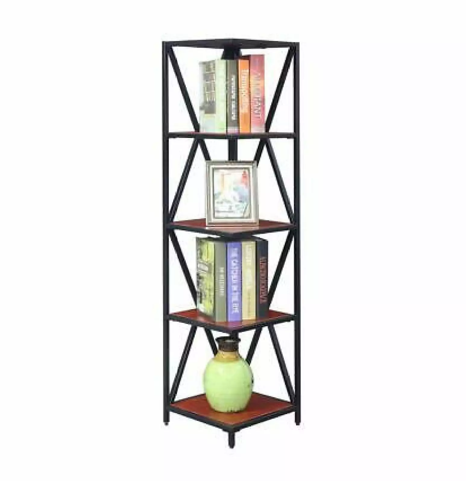 Depot Esh Tucson Metal 5 Tier Corner Bookcase Cherry Black Industrial Style Shelf