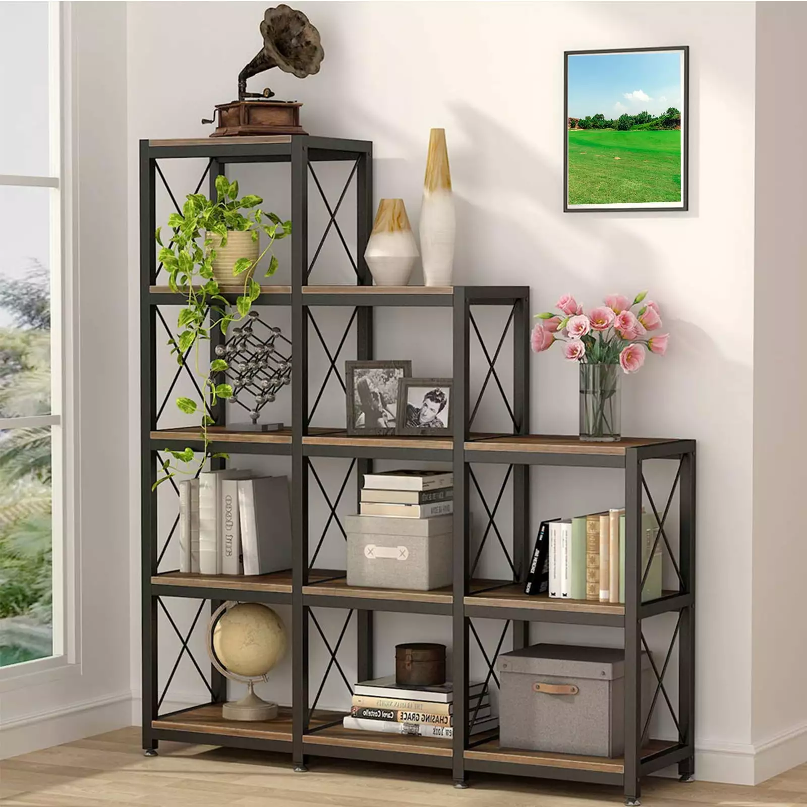 WM Rustic Brown 12-Shelves Industrial Ladder Corner Bookshelf 9 Cubes 5-Tier Etagere Home Office FHWM-C