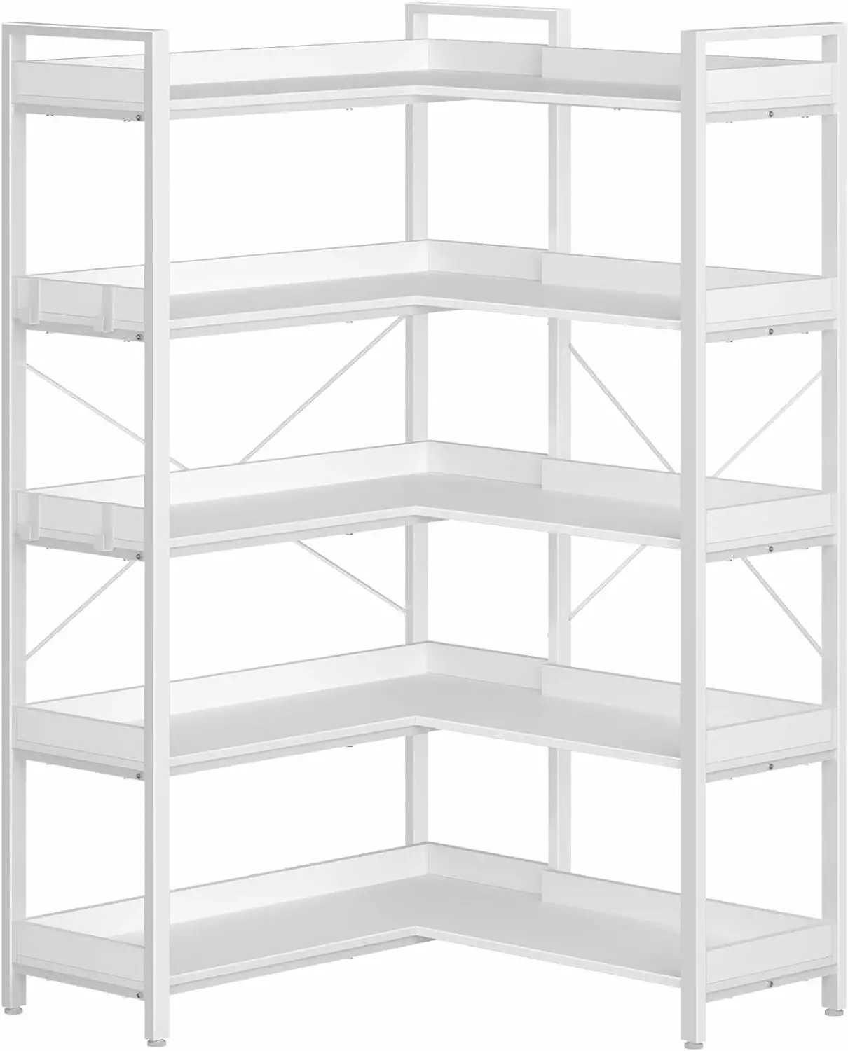 FJU Bookshelf 5 Tier 4 Hooks Reversible Corner Bookshelf Industrial Wooden Bookcase White