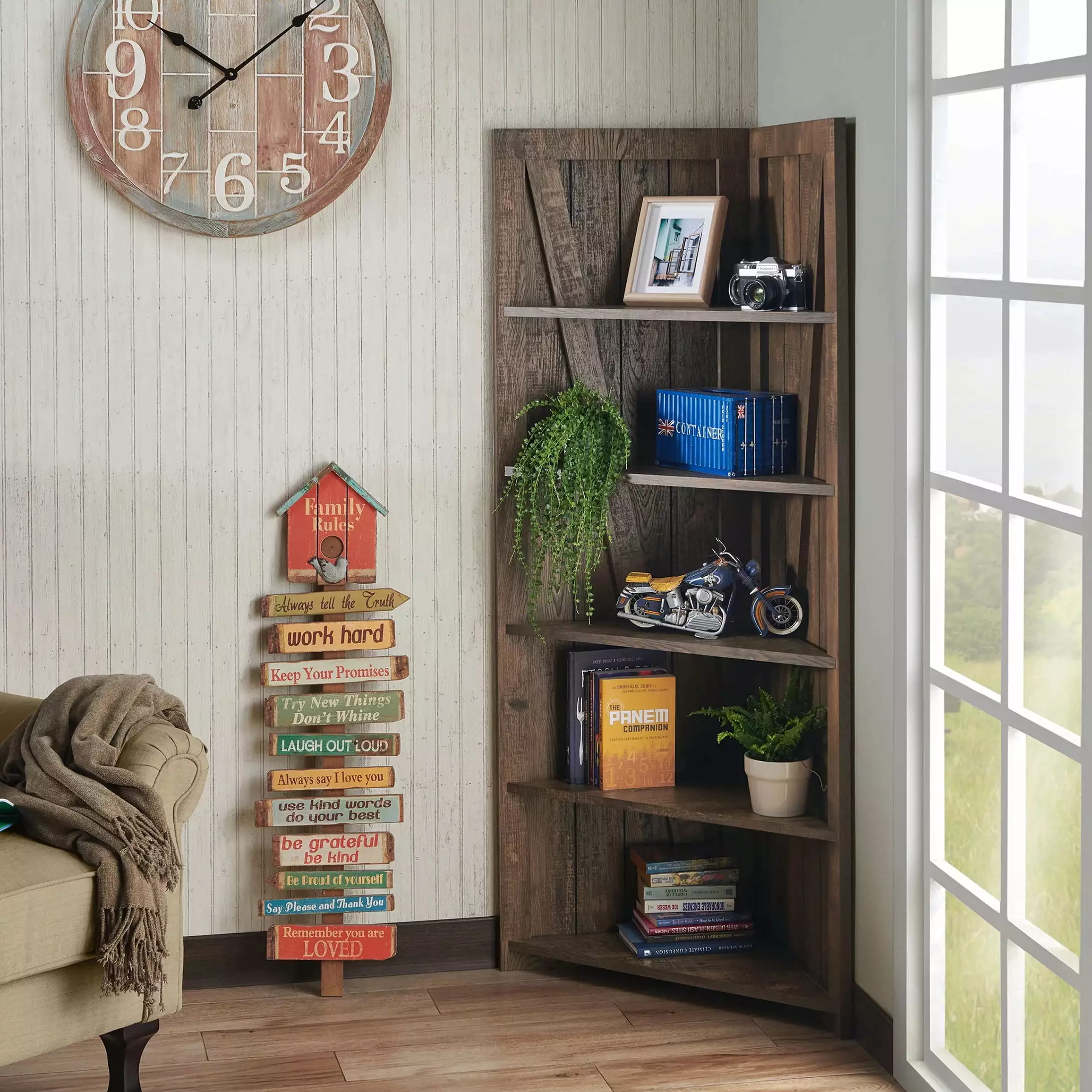 Furniture America Helsa 5-Shelf Corner Bookcase Oak