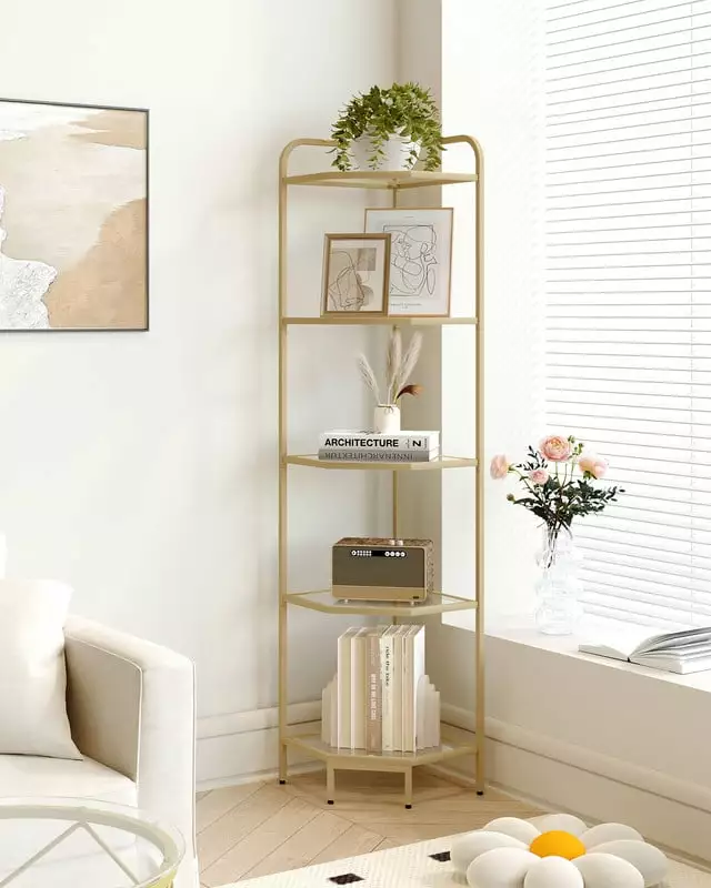 5-Tier Glass Corner Shelf Stand Gold Modern Bookshelf Living Room Decor Hzuaneri