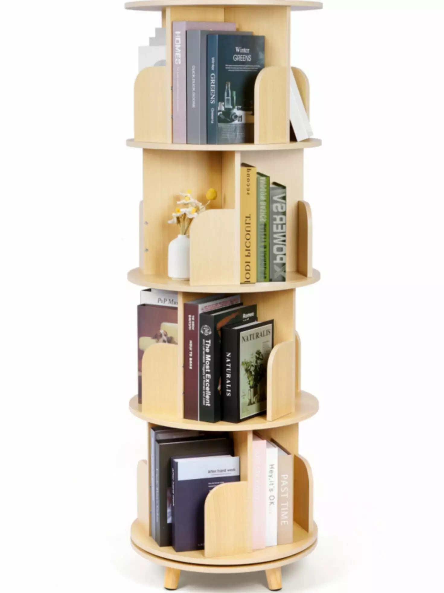 IAJXWI Rotating Bookshelf 360 Wood Display Corner Bookshelf 4 Legs Floor Standing Bookcase Natural