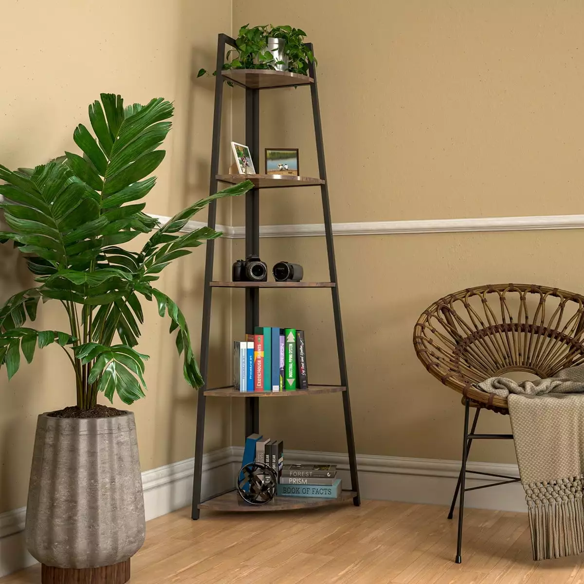 5 Tier Corner Bookshelf 70 Inch Tall Rustic Brown Display Organizer Living Room Home Office IbayNawi